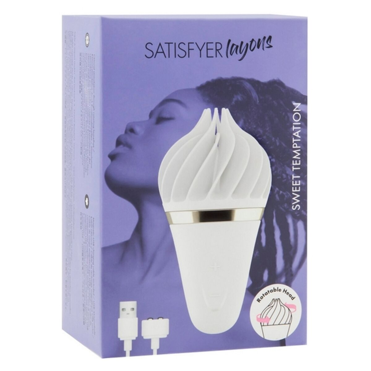 Biała zabawka erotyczna w pudełku. Pudełko z wizerunkiem kobiety. Produkt to 'Sweet Temptation'.