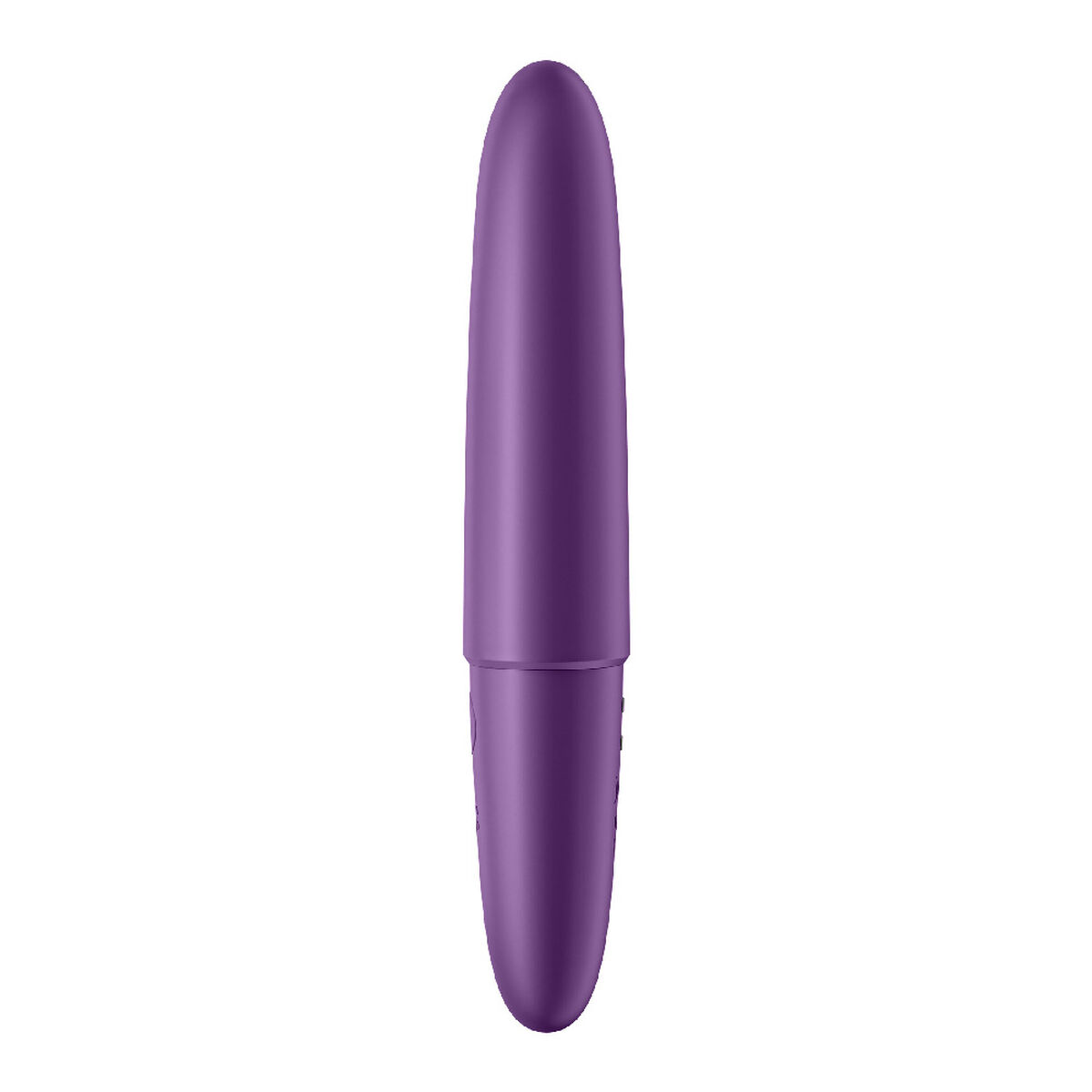 Objeto morado con forma de lápiz labial. Fondo blanco.