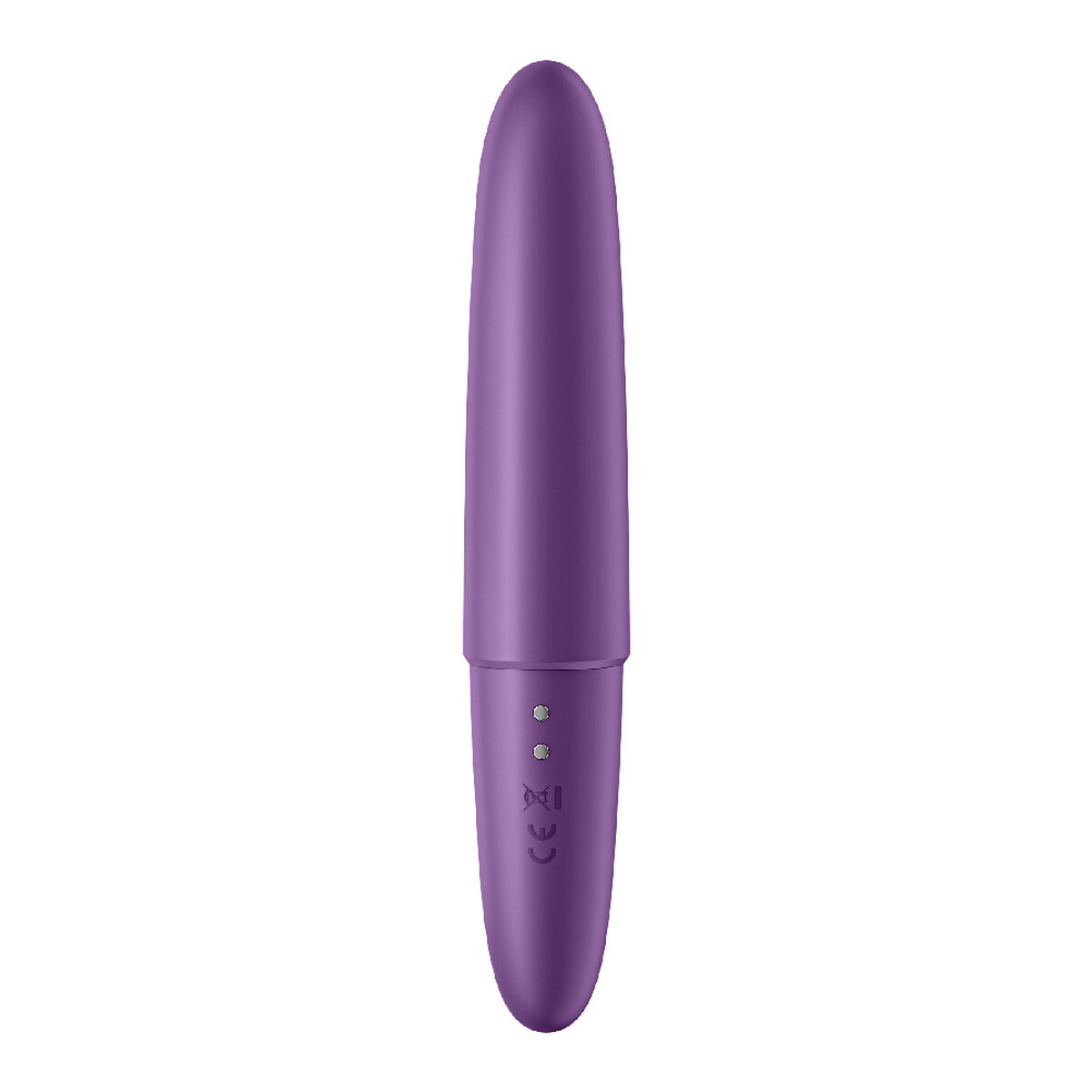 Juguete sexual morado, forma cilíndrica, sobre fondo blanco.