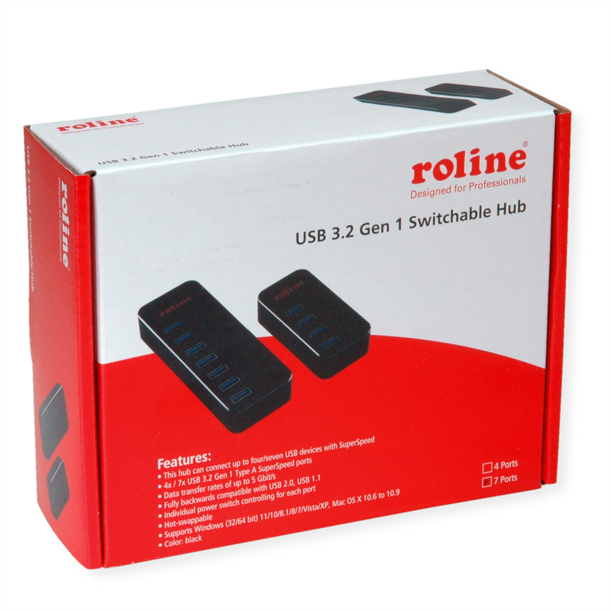 Eine rot-weiße Box mit einem USB-Hub. Die Box hat einen schwarzen USB-Hub und 2 kleinere.