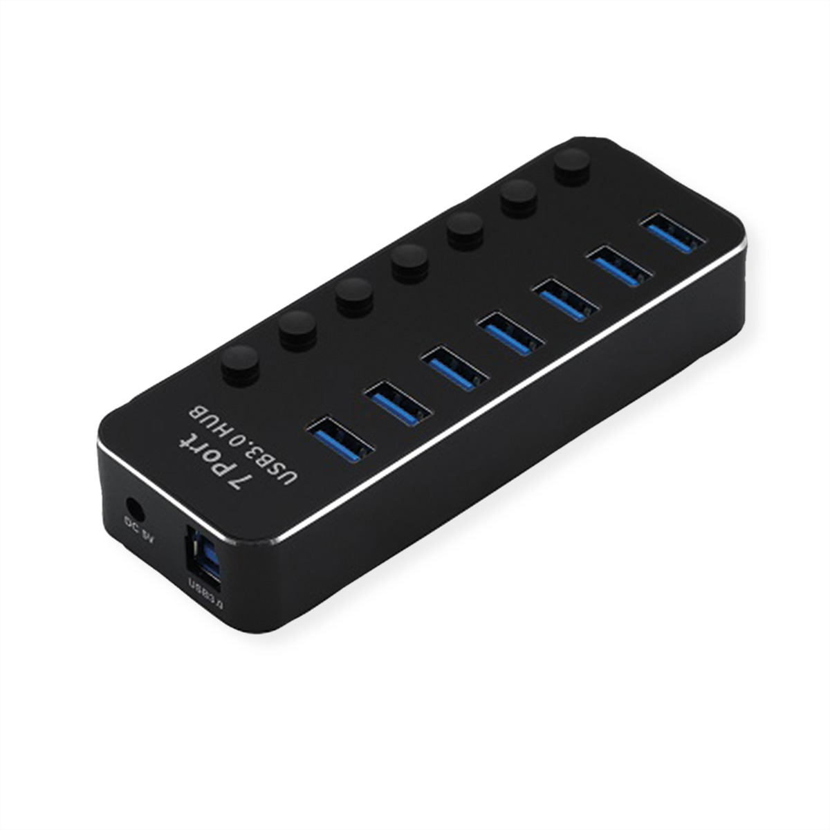 Ein schwarzer 7-Port USB 3.0-Hub mit beschrifteten Anschlüssen und Lichtern.