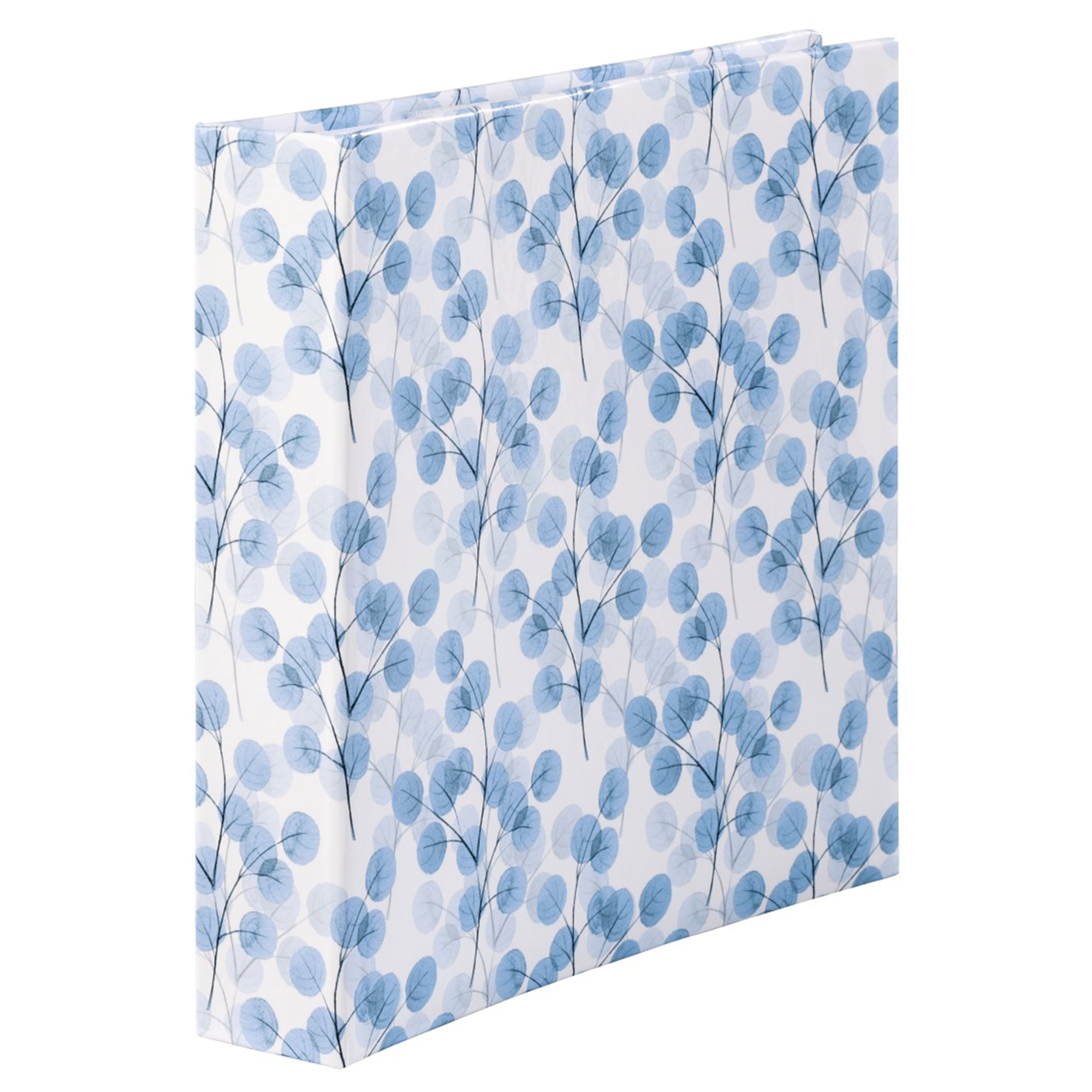 Album fotograficzny z wzorem niebieskich liści na białym tle.