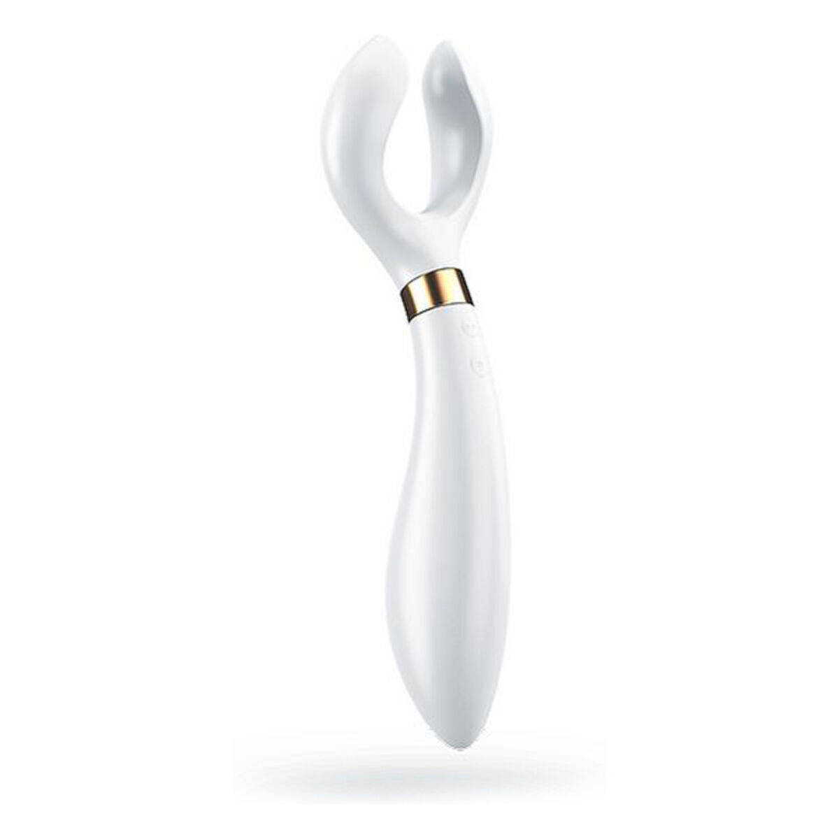 Un juguete sexual blanco con un diseño curvo. Tiene un anillo dorado alrededor de la base.