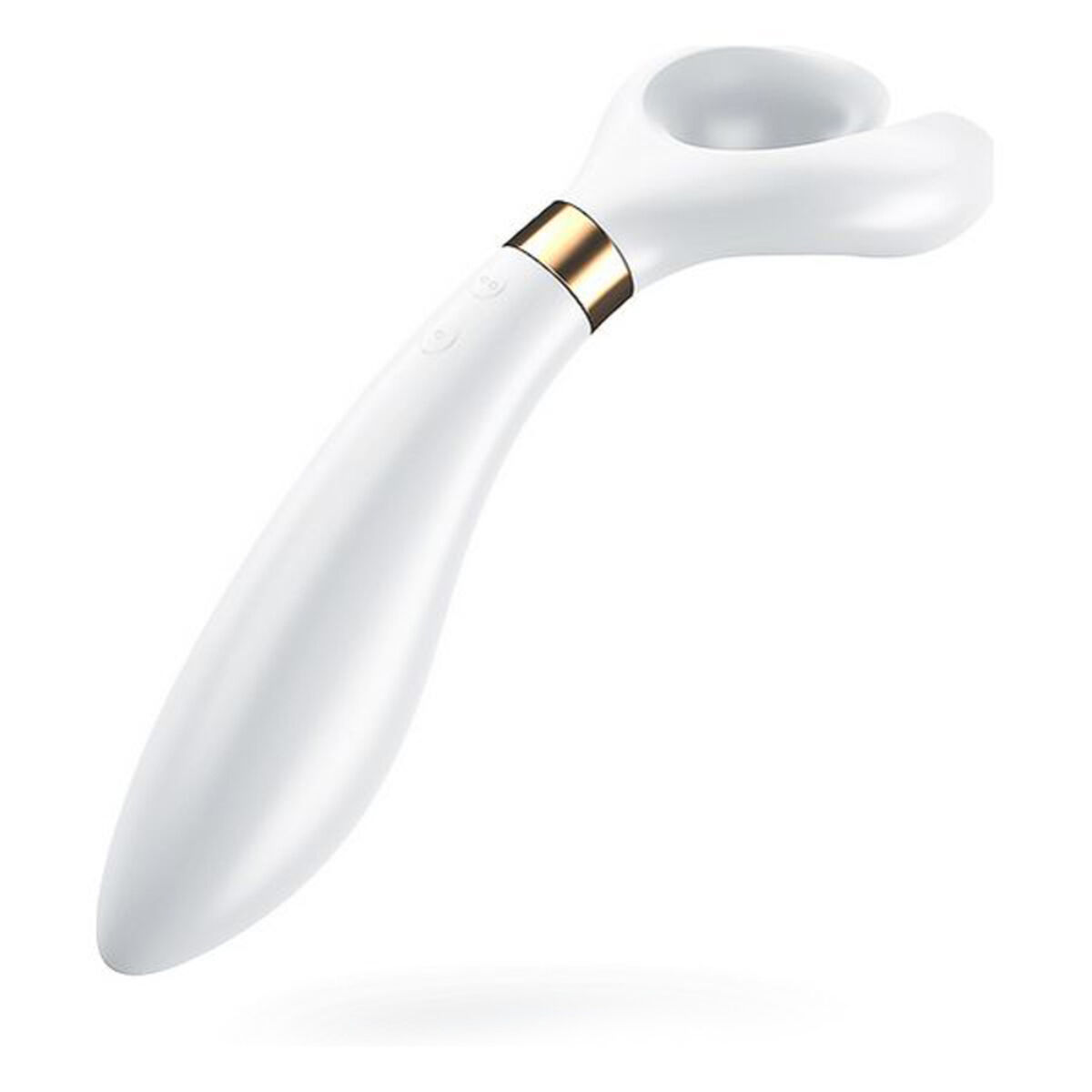 Juguete sexual blanco con forma curvada y acento dorado. Tiene dos botones de control.