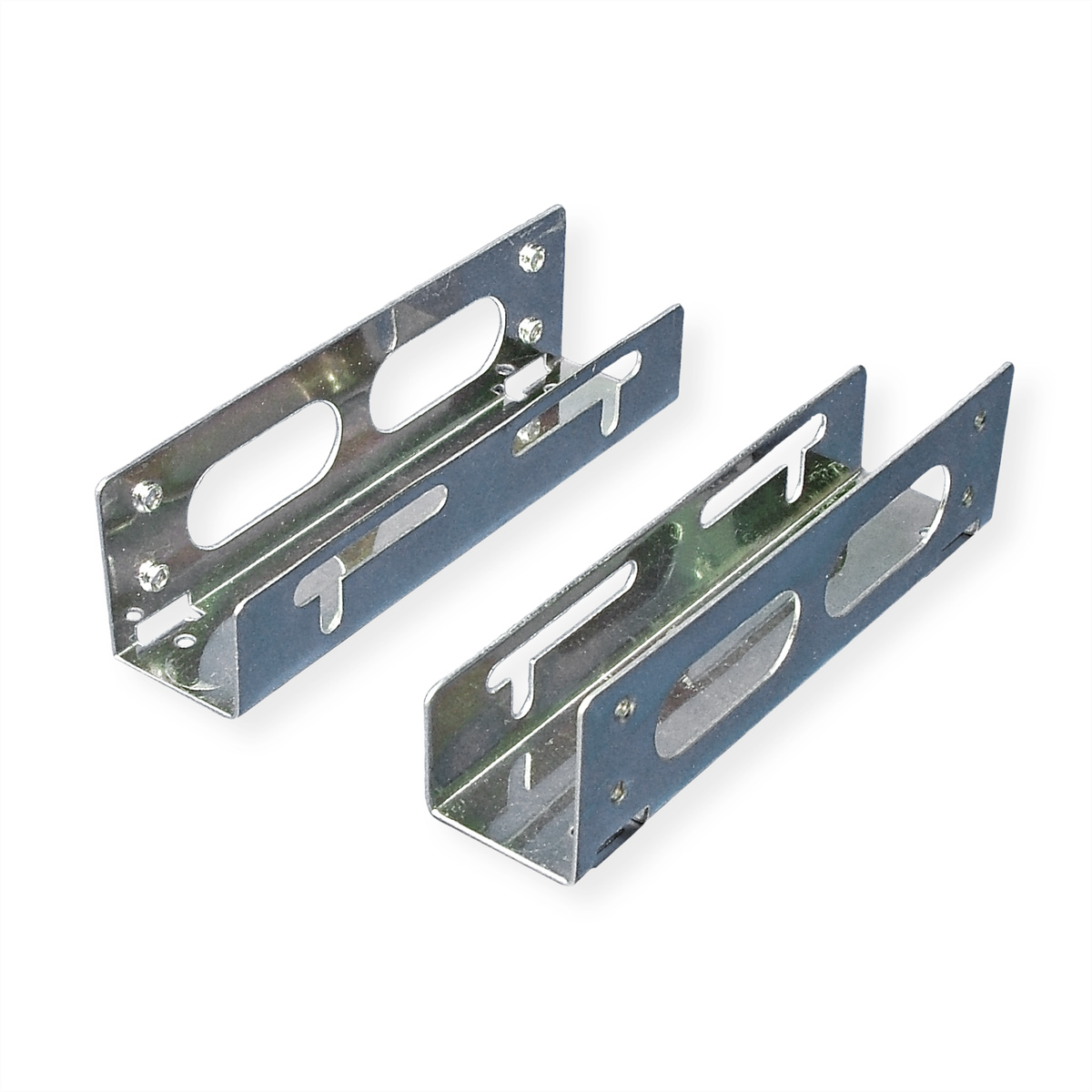 Zwei silberne Montagehalterungen, metallisch und U-förmig, für die Installation.