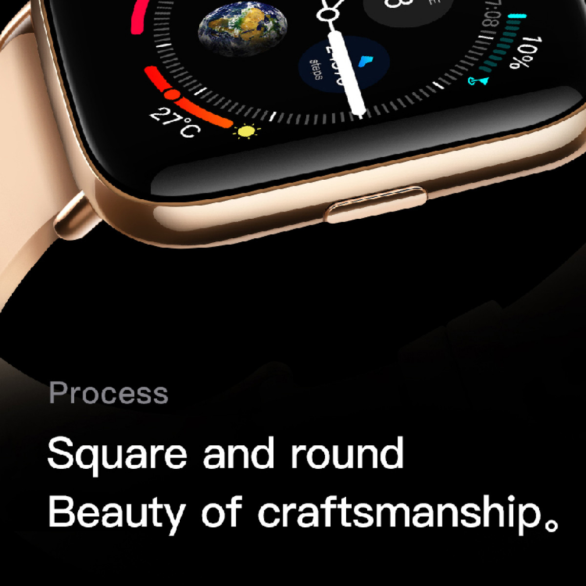 Złoty smartwatch wyświetlający interfejs cyfrowy. Wyświetla czas, pogodę, aktywność. Tekst: 'Kwadrat i okrąg. Piękno rzemiosła'.