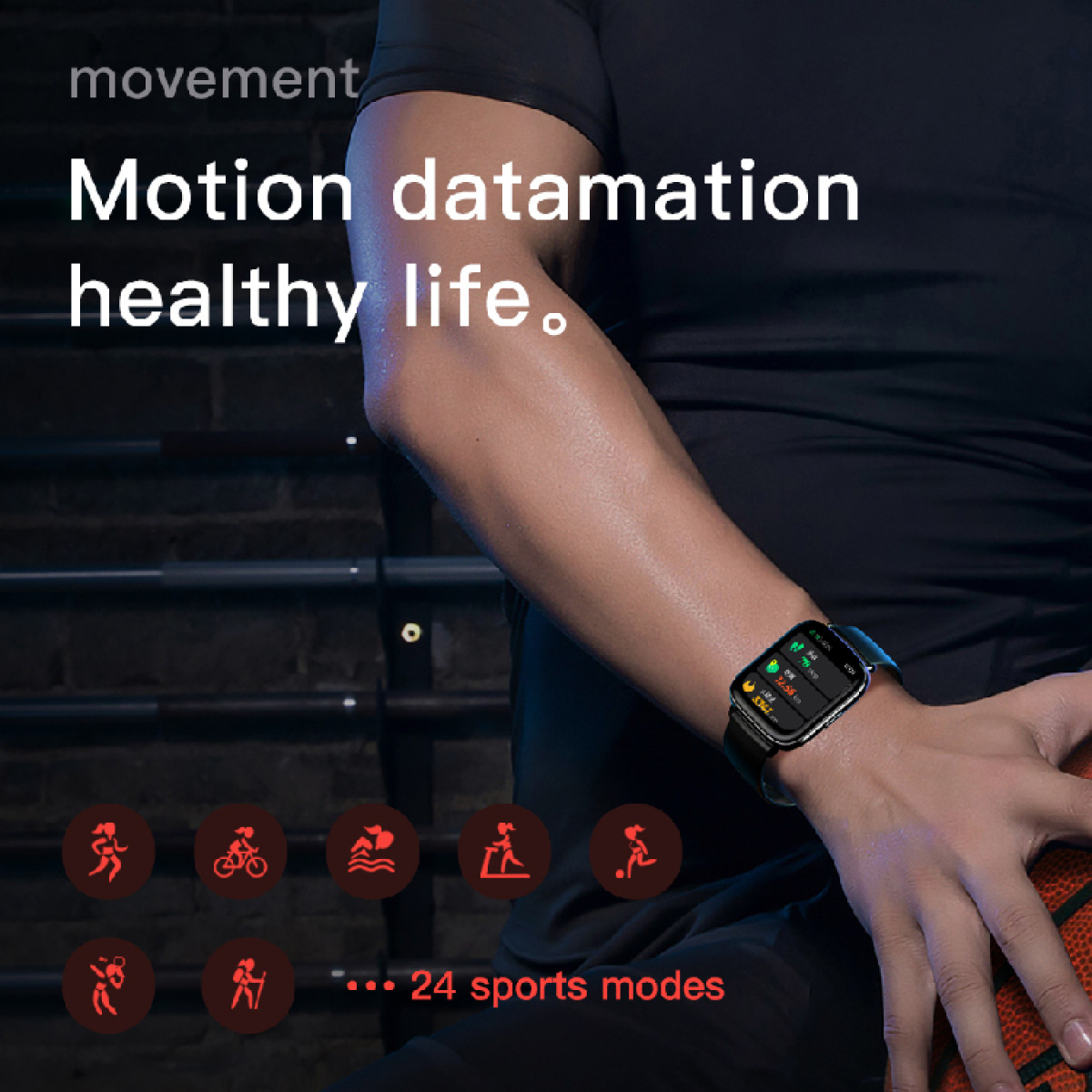 Mężczyzna noszący smartwatch z ikonami, trybami sportowymi i tekstem.