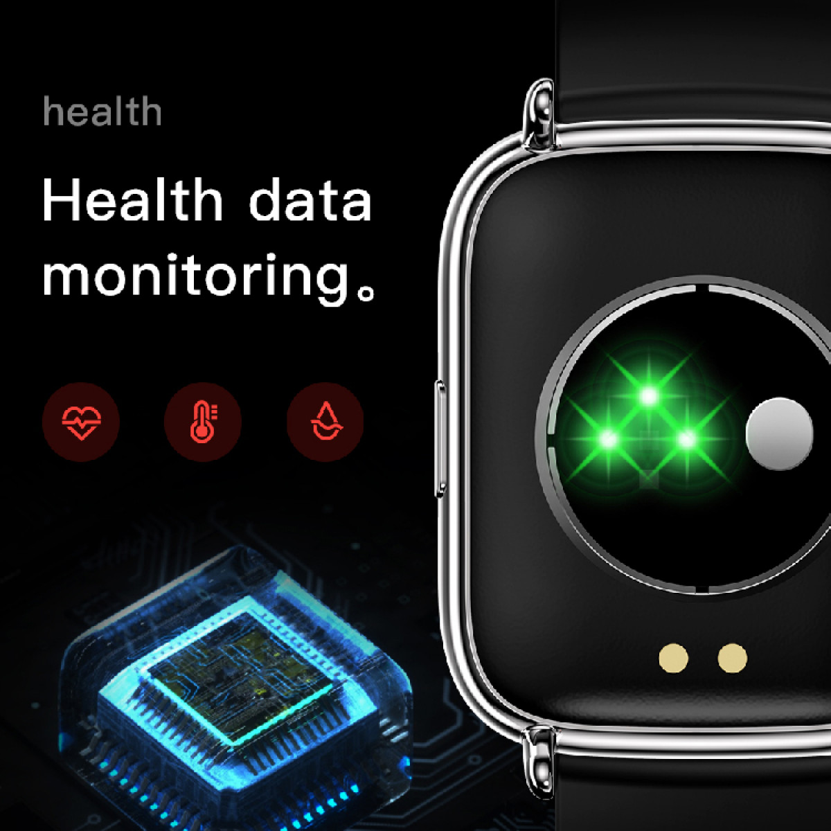 Smartwatch-Bildschirm zeigt Gesundheitsdaten-Überwachungssymbole. Eine Platine ist im Vordergrund.