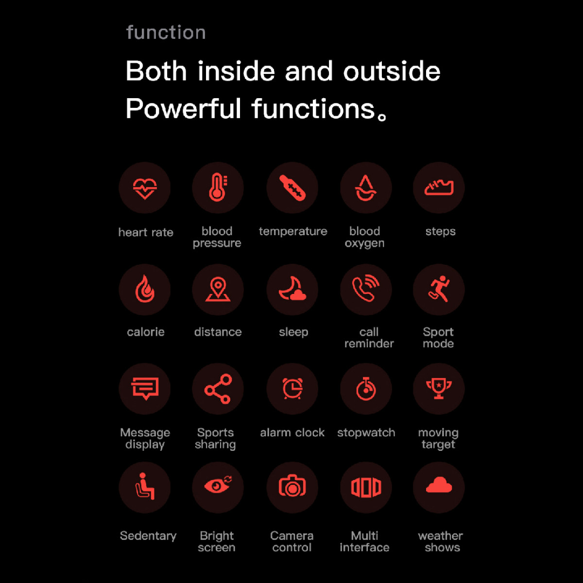 Ikony różnych funkcji smartwatch na czarnym tle, w tym tętno i pogoda.