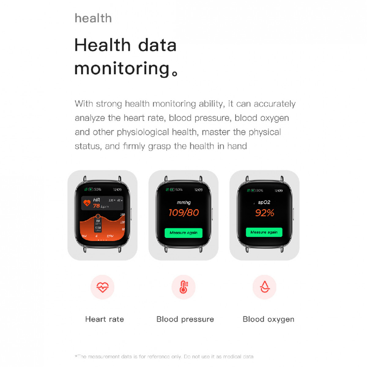 Infografika pokazująca monitorowanie danych zdrowotnych z trzema wyświetlaczami smartwatcha: tętno, ciśnienie krwi, tlen we krwi.