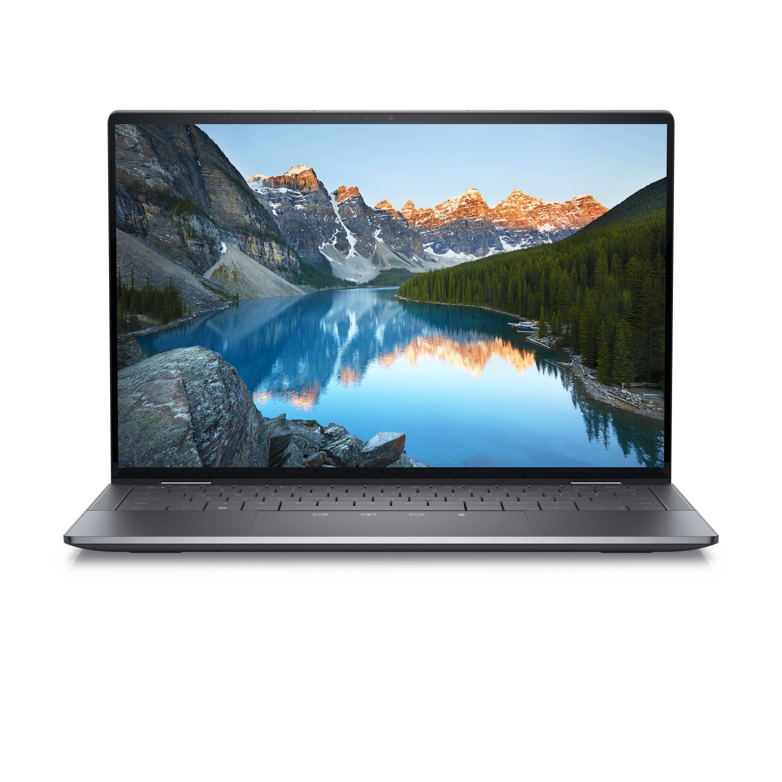 Laptop offen, Bildschirm zeigt Berge, See und Wald. Tastatur sichtbar.
