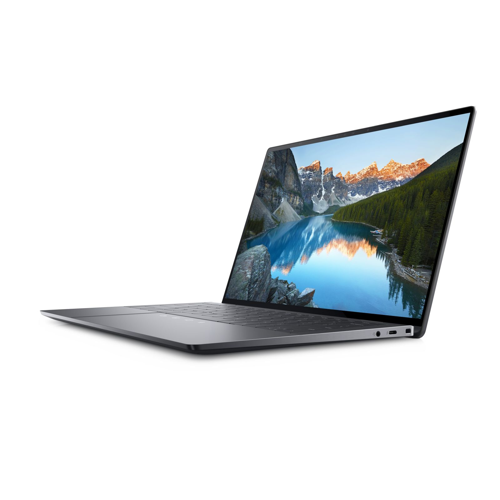 Silberner Laptop, der eine Landschaft mit Bergen und einem See auf dem Bildschirm zeigt.