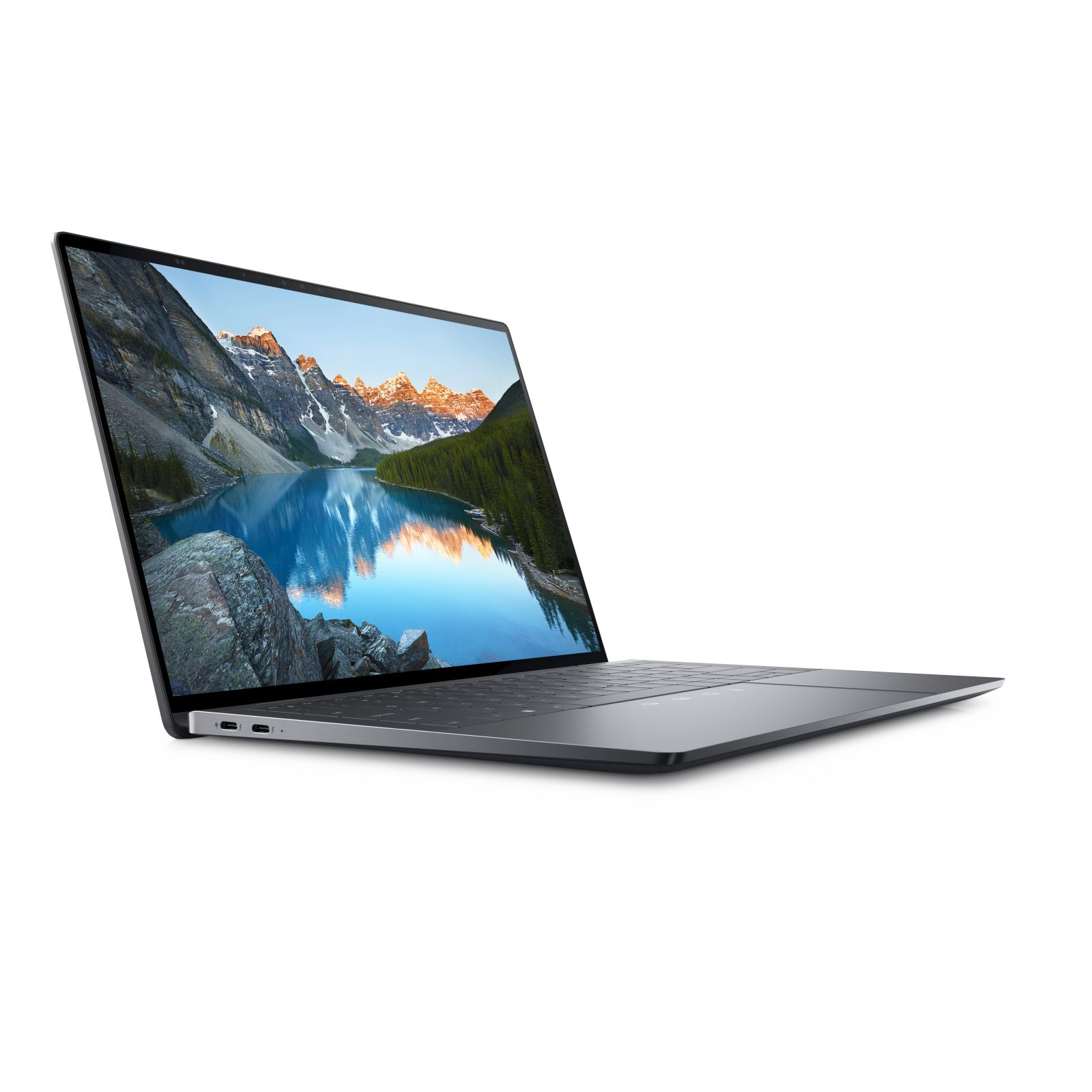 Ein Laptop mit silbernem Rahmen und einem Bildschirm, der eine Landschaft zeigt. Es ist auf weißem Grund.