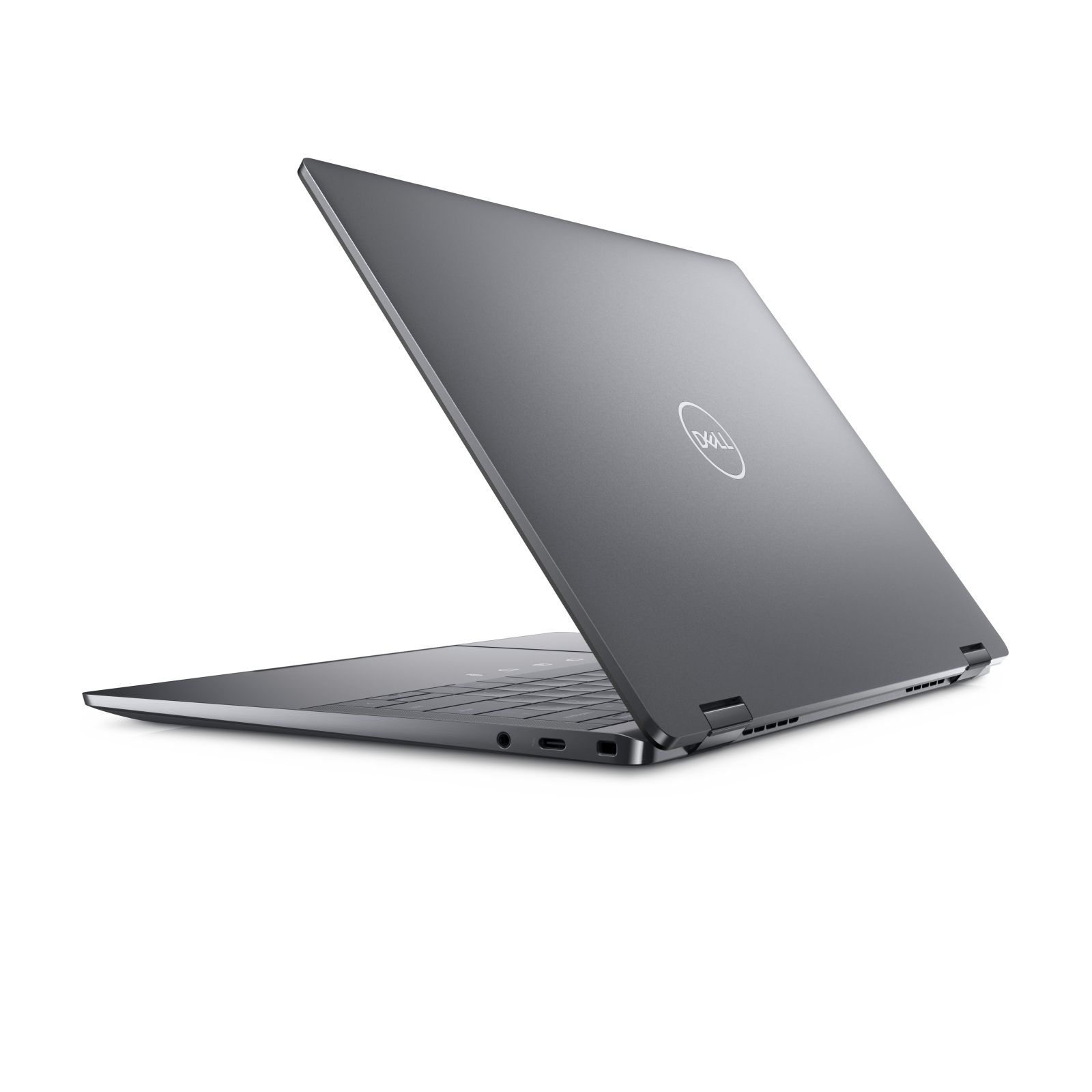Dell Laptop in einem Winkel geöffnet, Ober- und Seite zeigend. Weißer Hintergrund.