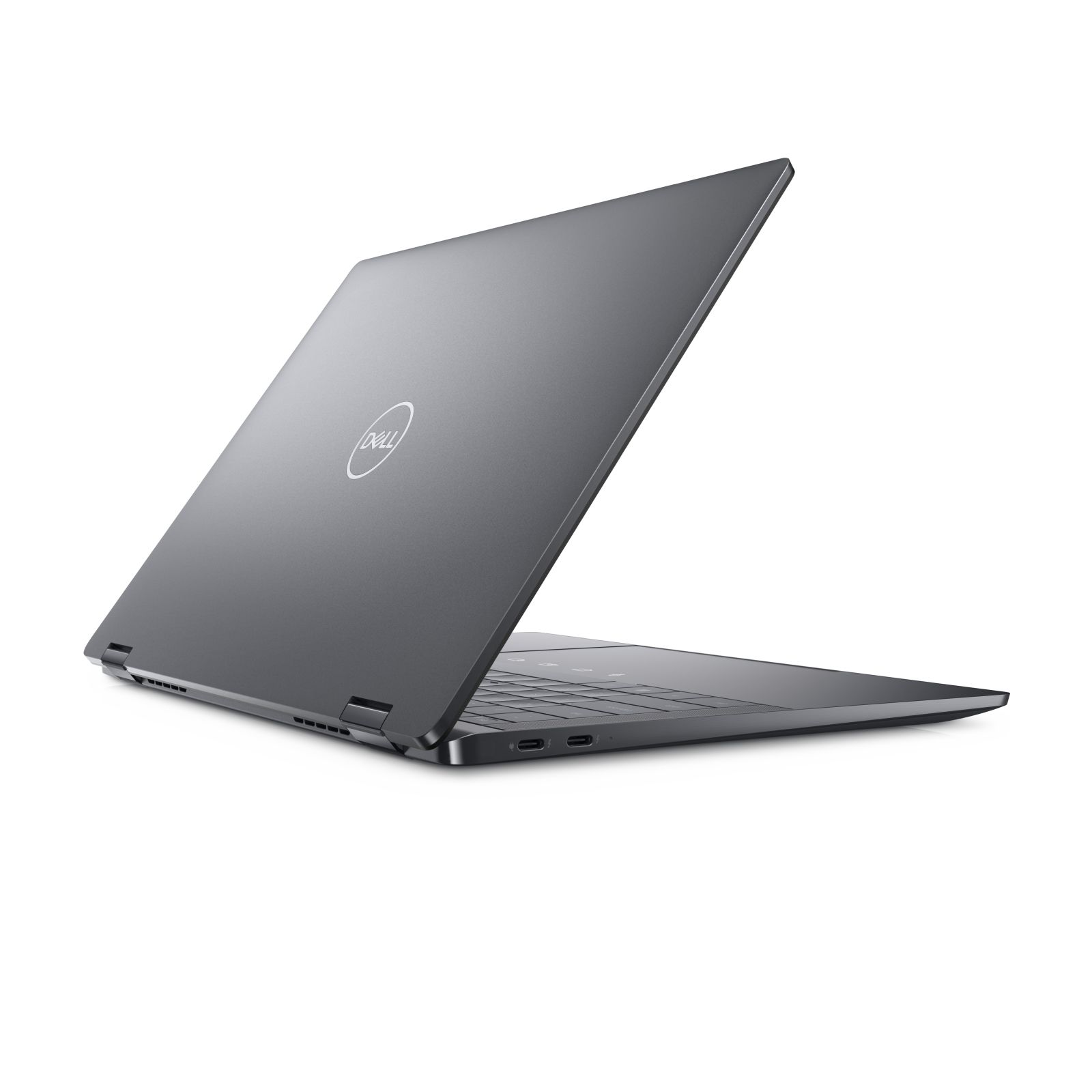 Ein dunkelgrauer Laptop, der in einem Winkel geöffnet ist und das Dell-Logo zeigt.