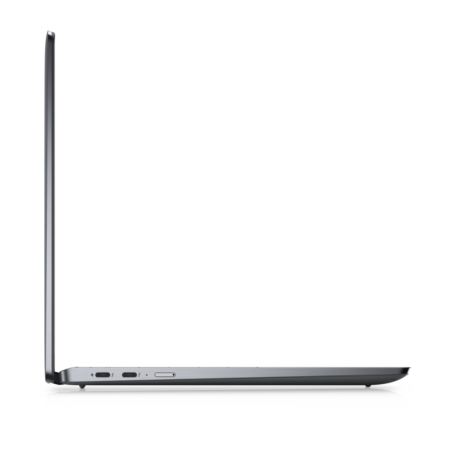 Laptop-Seitenansicht, silber und grau, mit Anschlüssen.