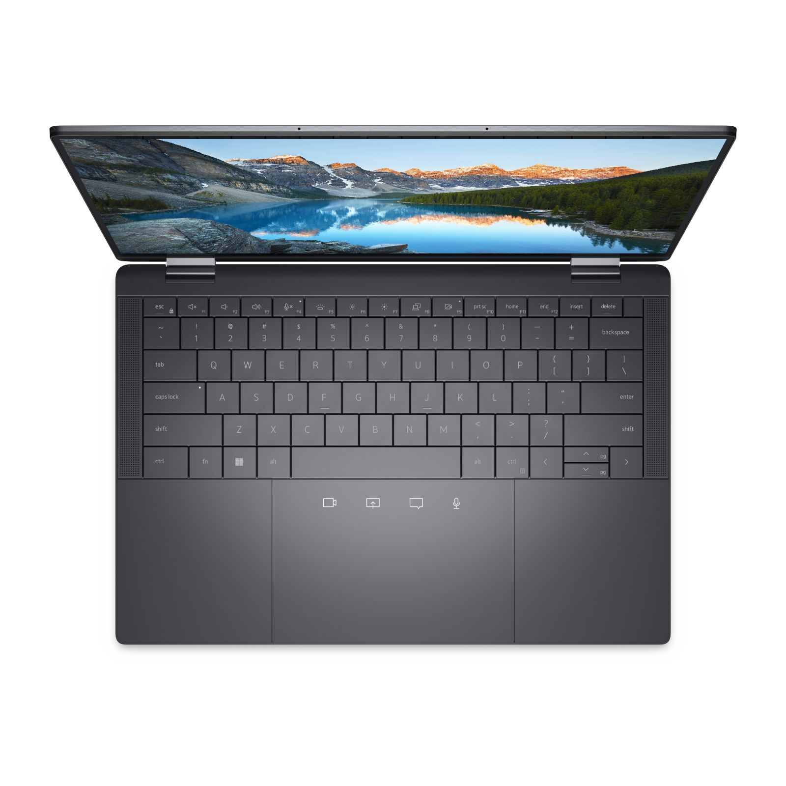 Ein Laptop-Computer, Draufsicht. Geöffnet, mit Tastatur und Trackpad. Der Bildschirm ist eingeschaltet.