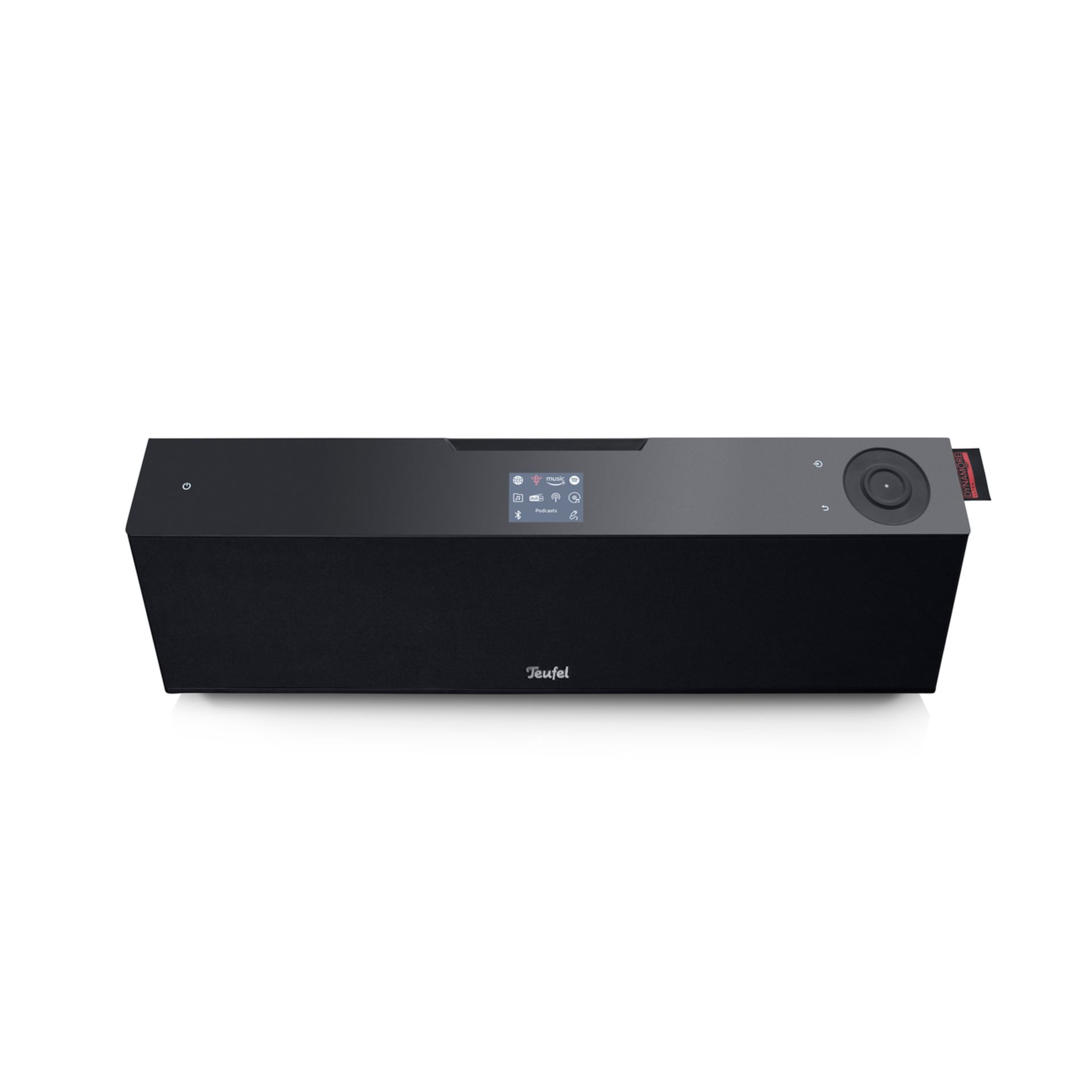 Black soundbar with a display, control buttons, and a Teufel logo on a white background.