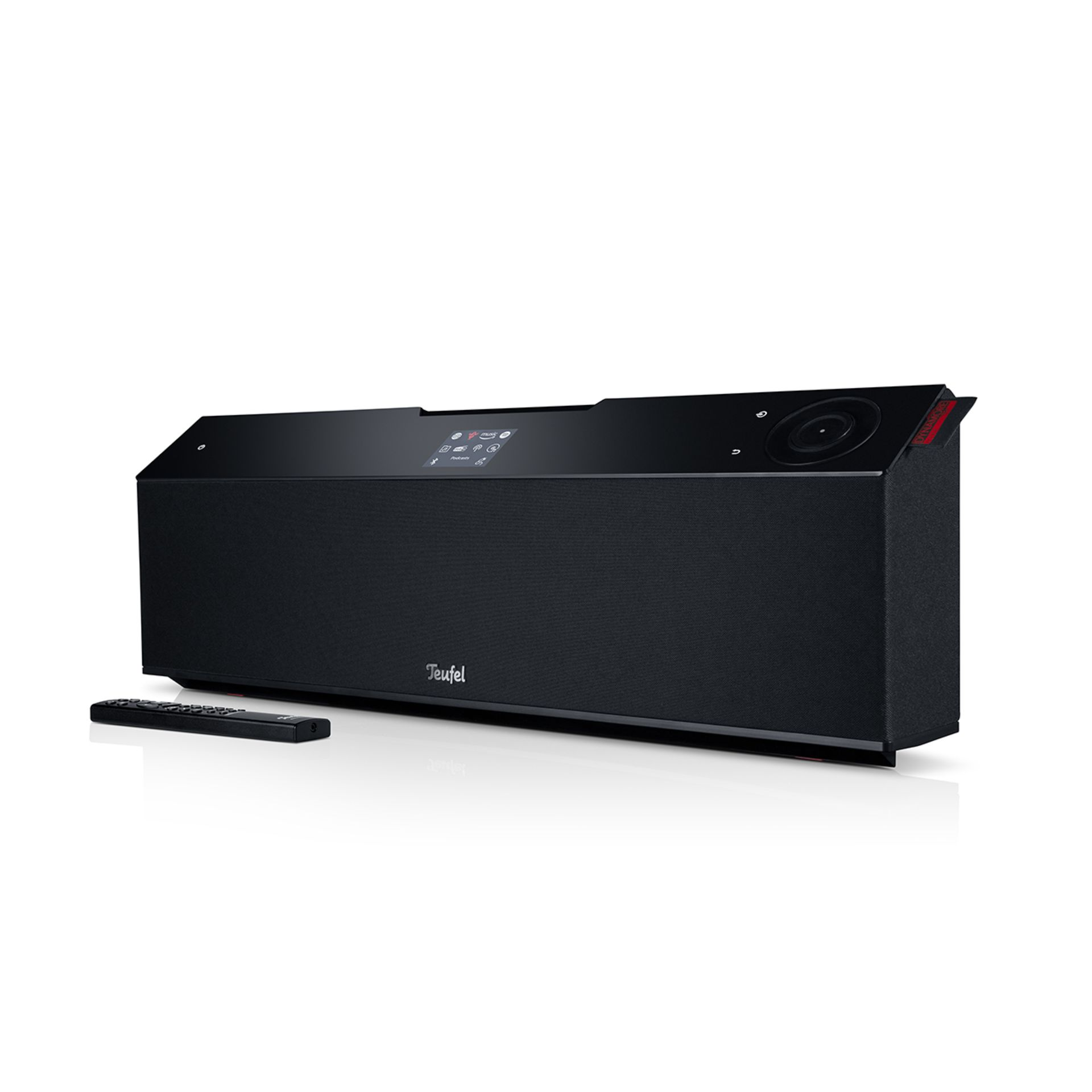 Black Teufel soundbar with remote. Soundbar has screen. Rectangular shape.