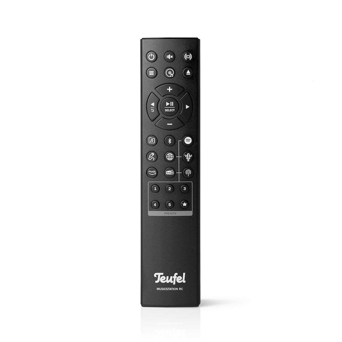 Black Teufel MusiStation.RC remote control. Features buttons for power, volume, and playback controls.