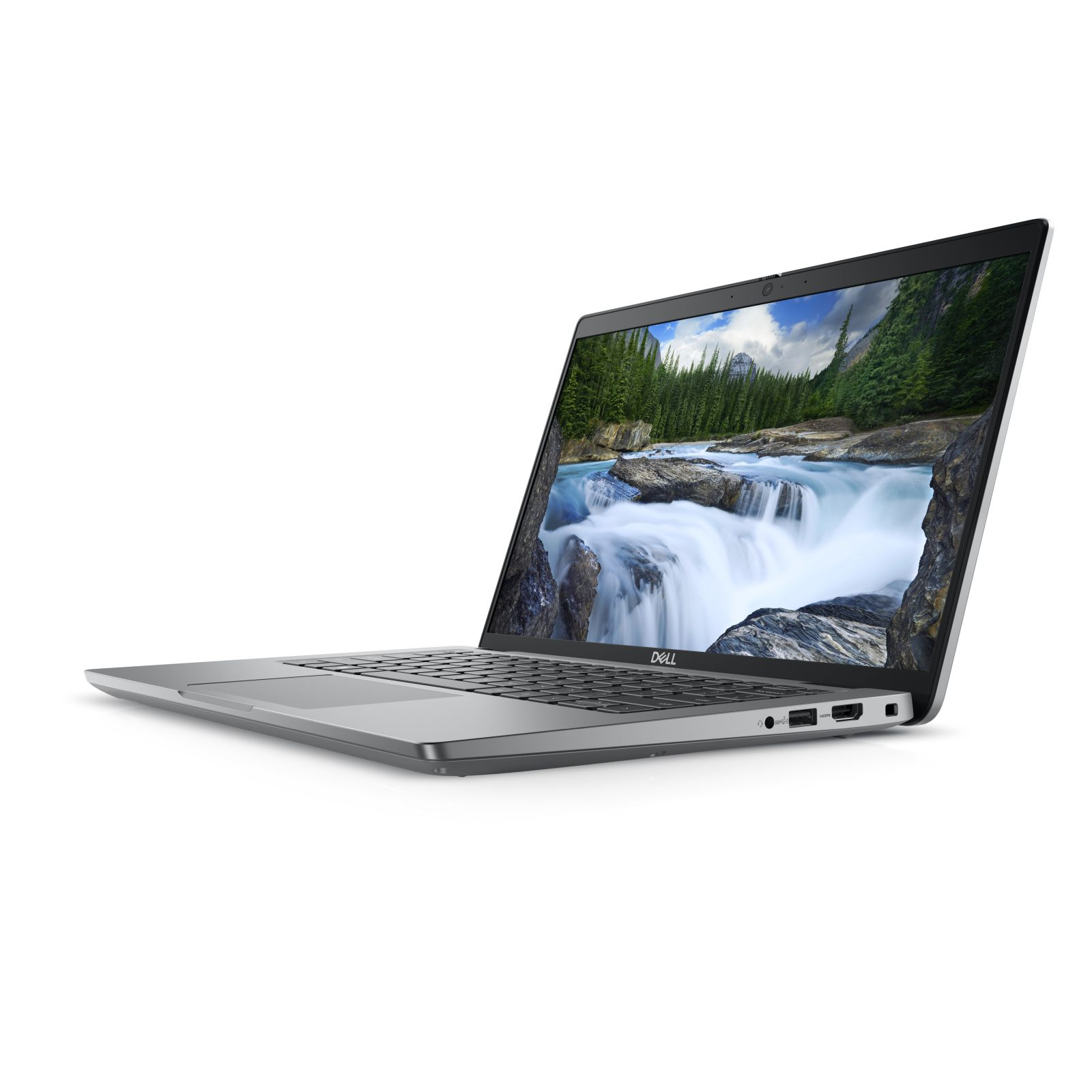Laptop argentato con uno schermo che mostra una cascata, su sfondo bianco.