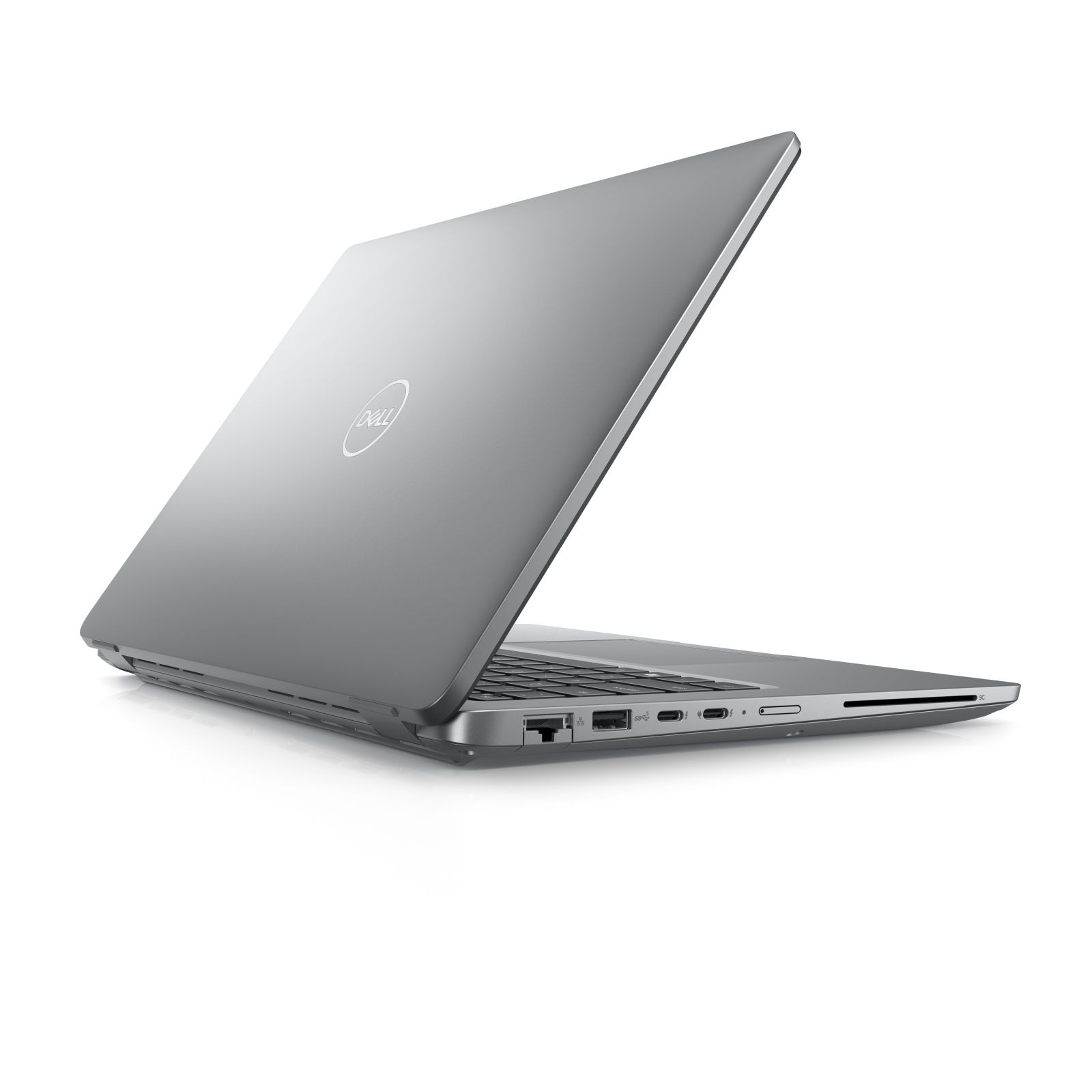 Laptop argentato, leggermente aperto, su sfondo bianco, con logo Dell visibile.