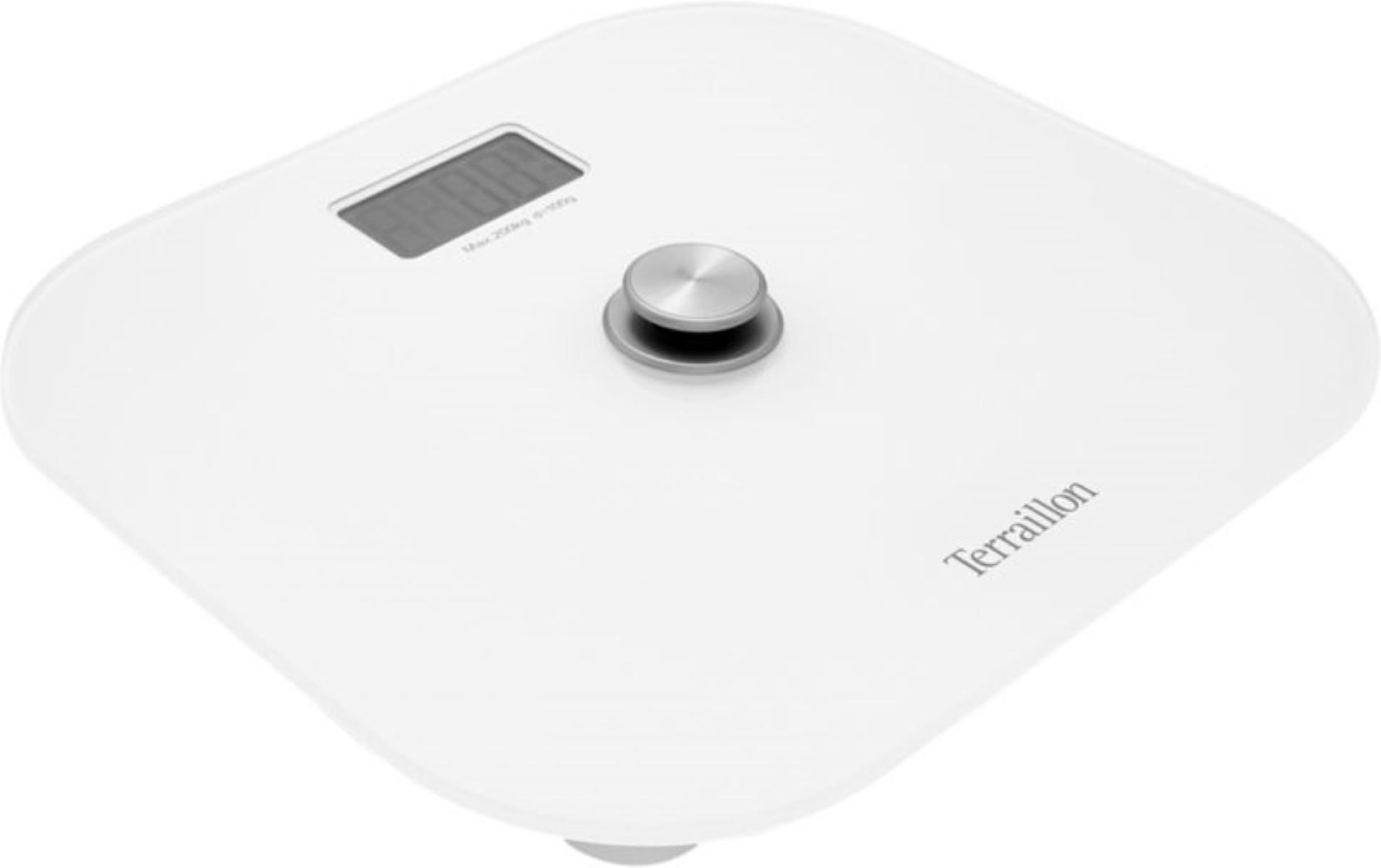 Una báscula de baño digital blanca con un botón. Fondo blanco.