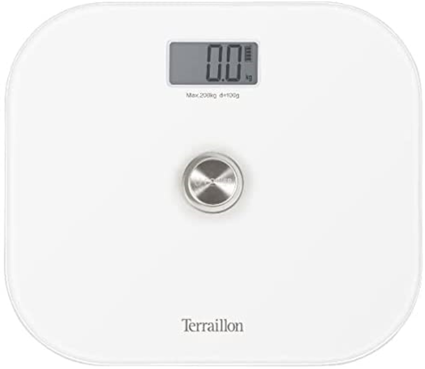 Báscula de baño digital blanca que muestra 0.0 kg, con la marca 'Terraillon' en la parte inferior.