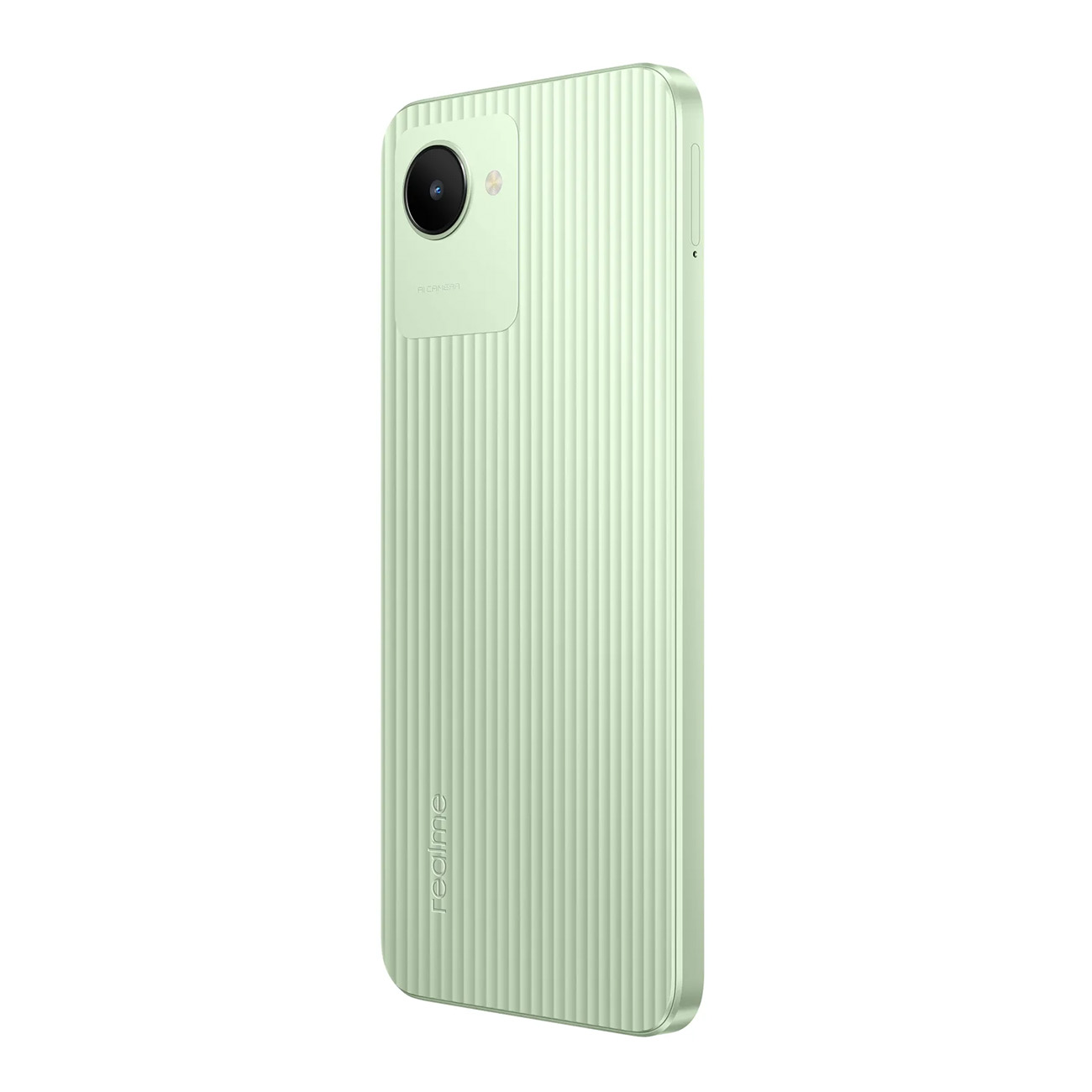 Hellgrünes Smartphone mit Kamera und Realme-Logo.