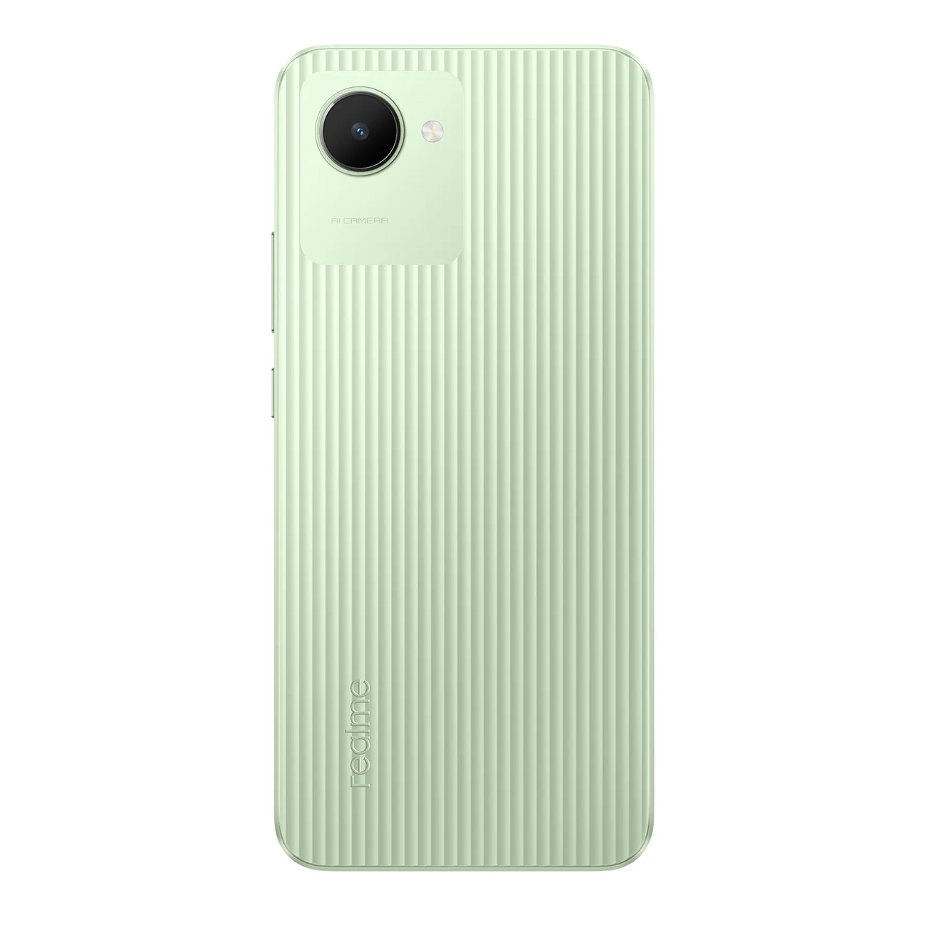 Hellgrünes Telefon mit Kamera, realme-Logo, auf grünem Hintergrund.