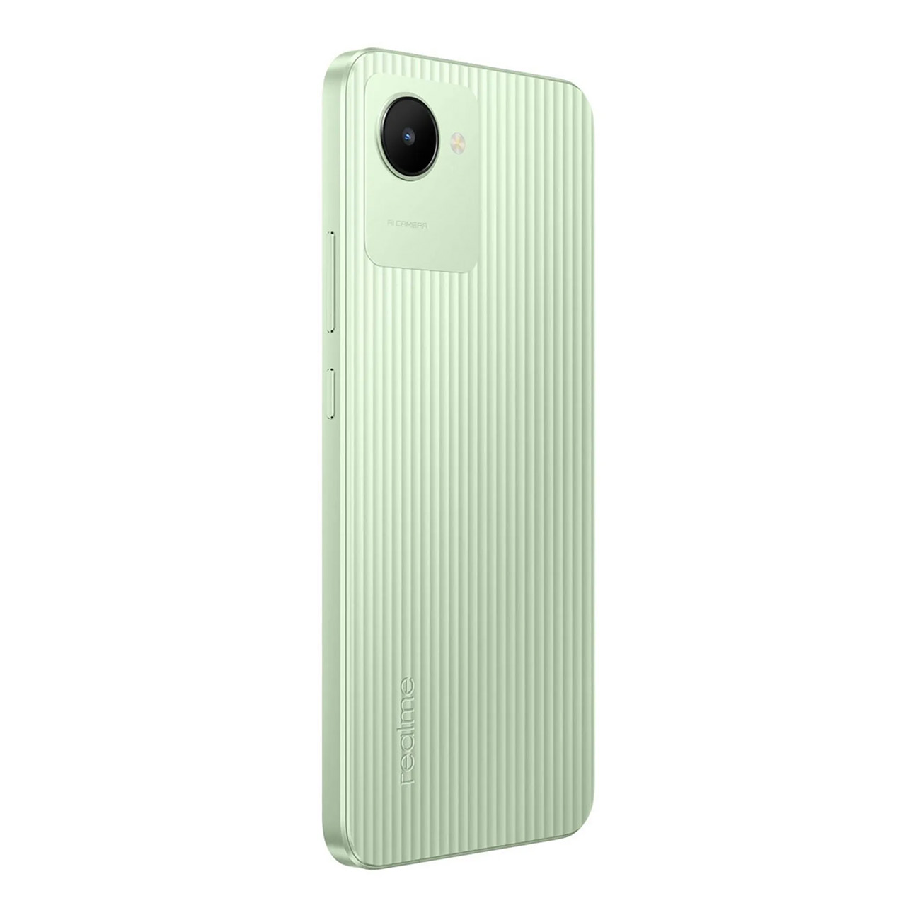 Ein hellgrünes Telefon, Rückansicht, mit Kamera und vertikalen Linien.
