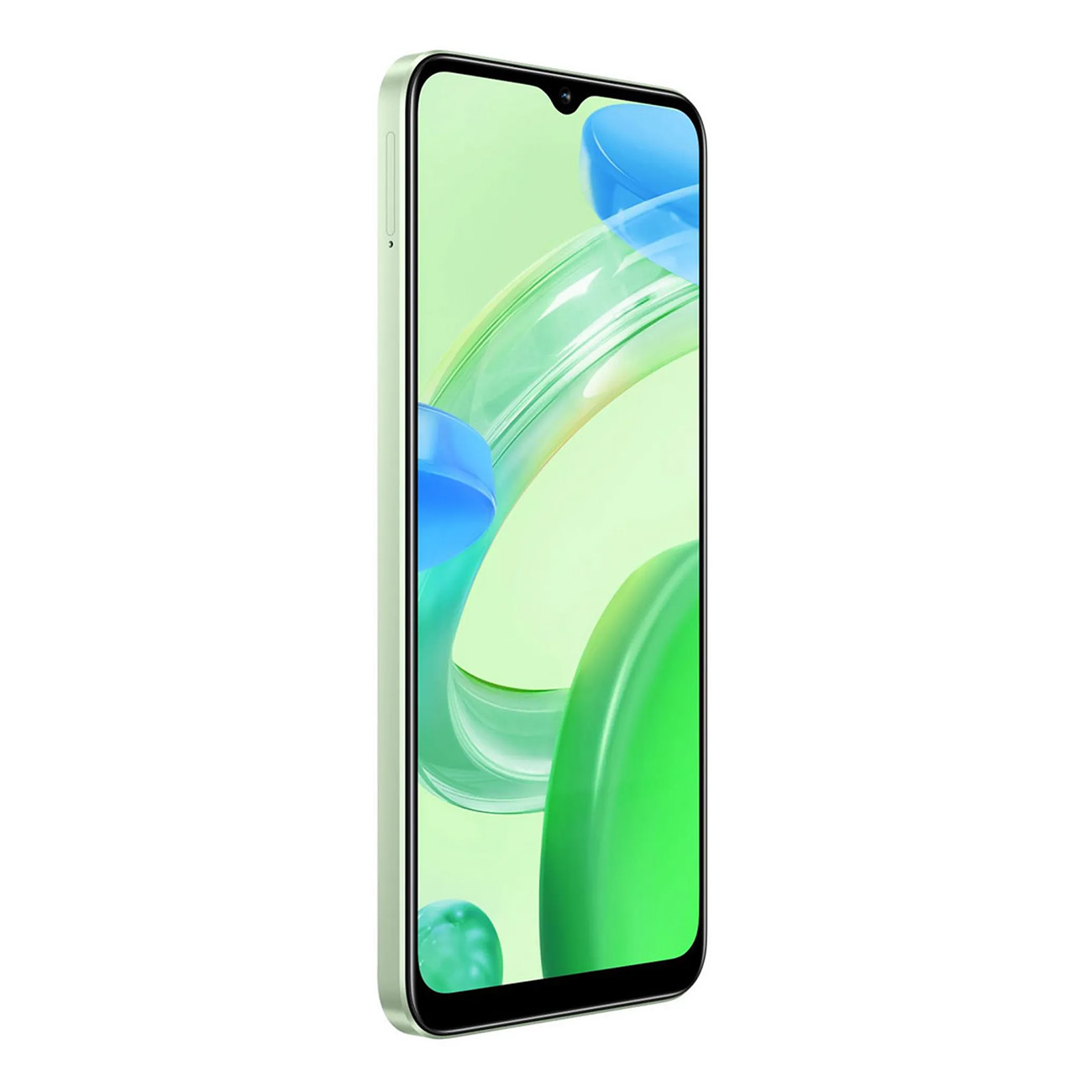 Grünes Smartphone mit großem Bildschirm, zeigt grüne und blaue Formen.
