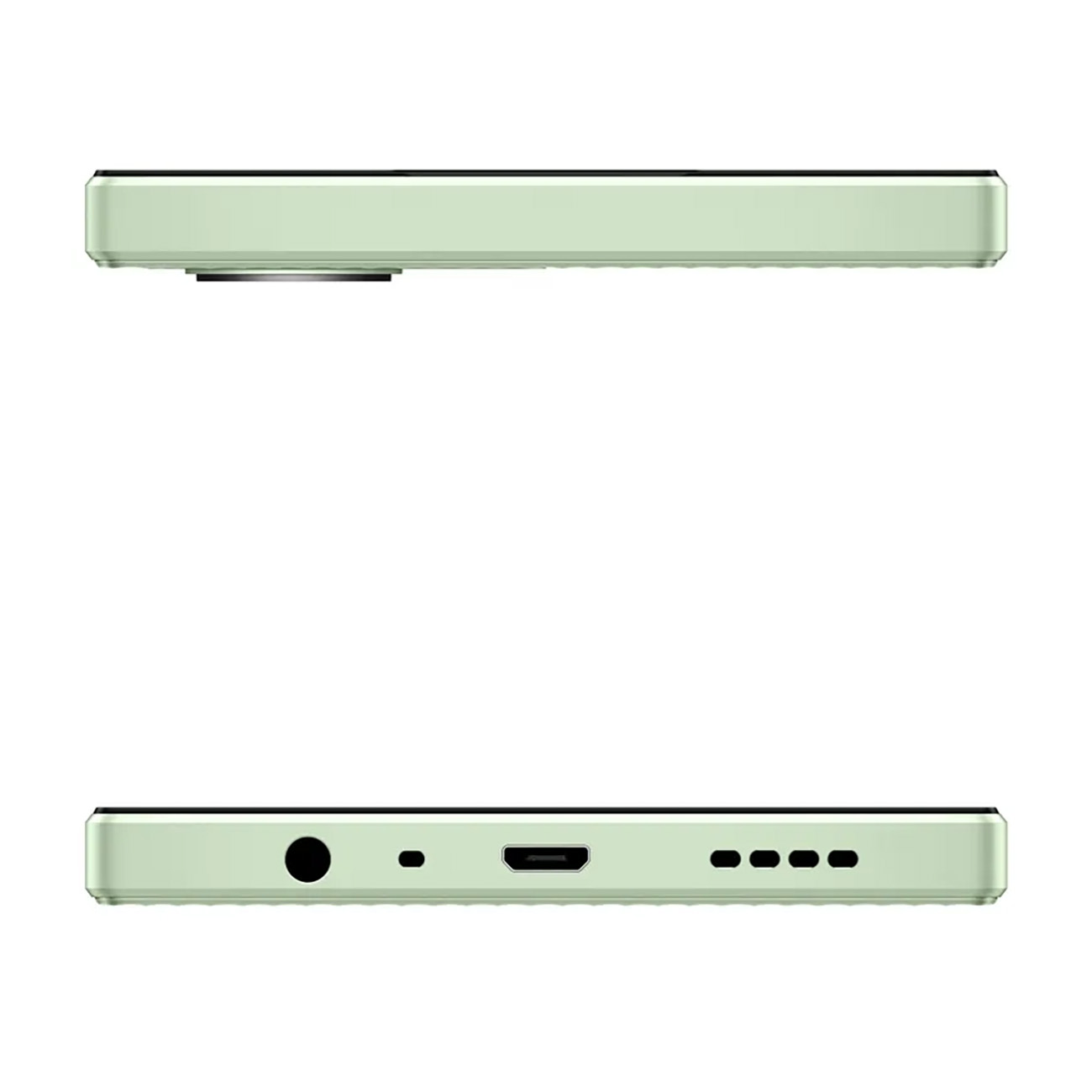 Hellgrünes Smartphone, Ober- und Unteransicht, Kamera, Anschlüsse und Knöpfe auf Weiß.