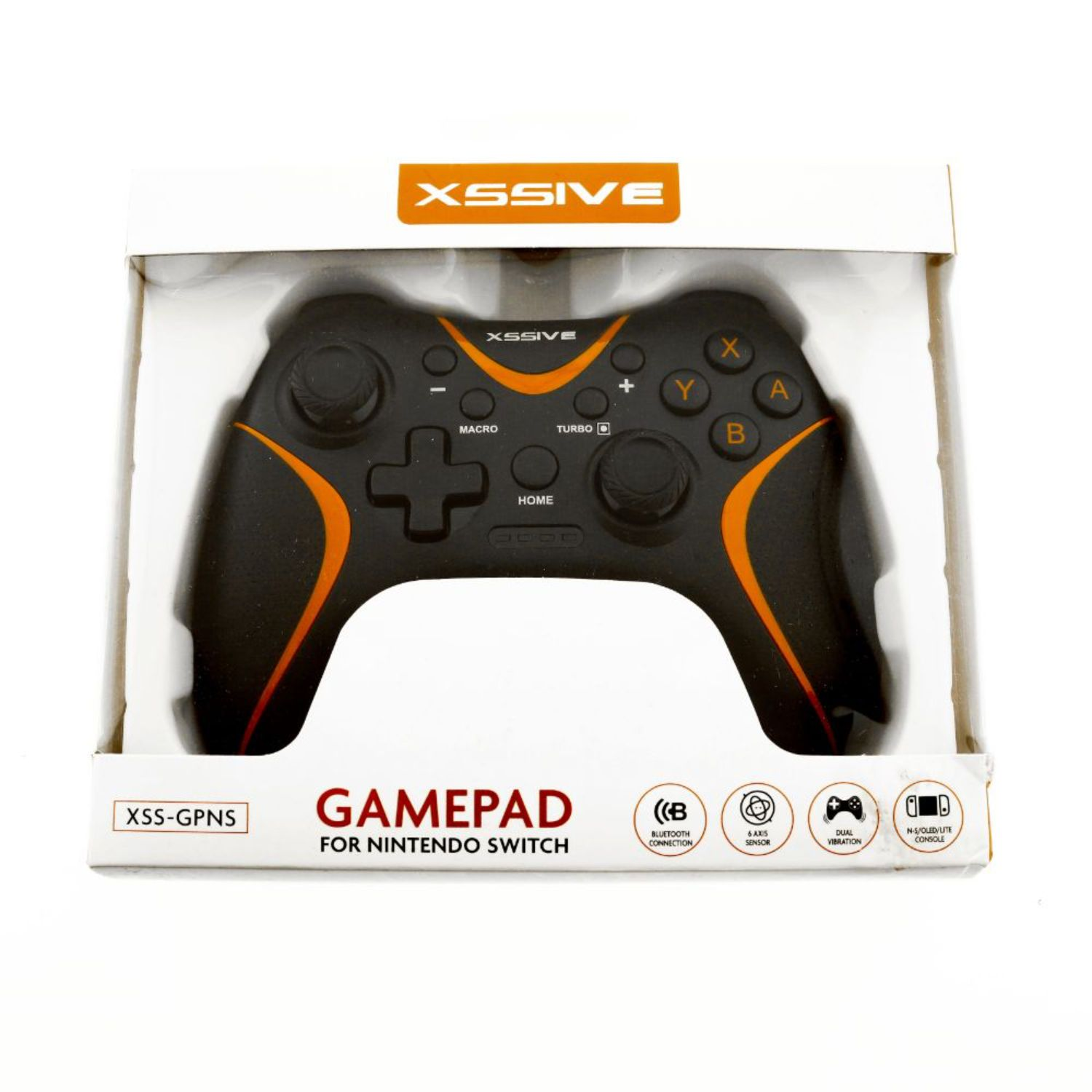Schwarz-oranges Gamepad für Nintendo Switch, verpackt in einer weißen Box. Tasten sind sichtbar.