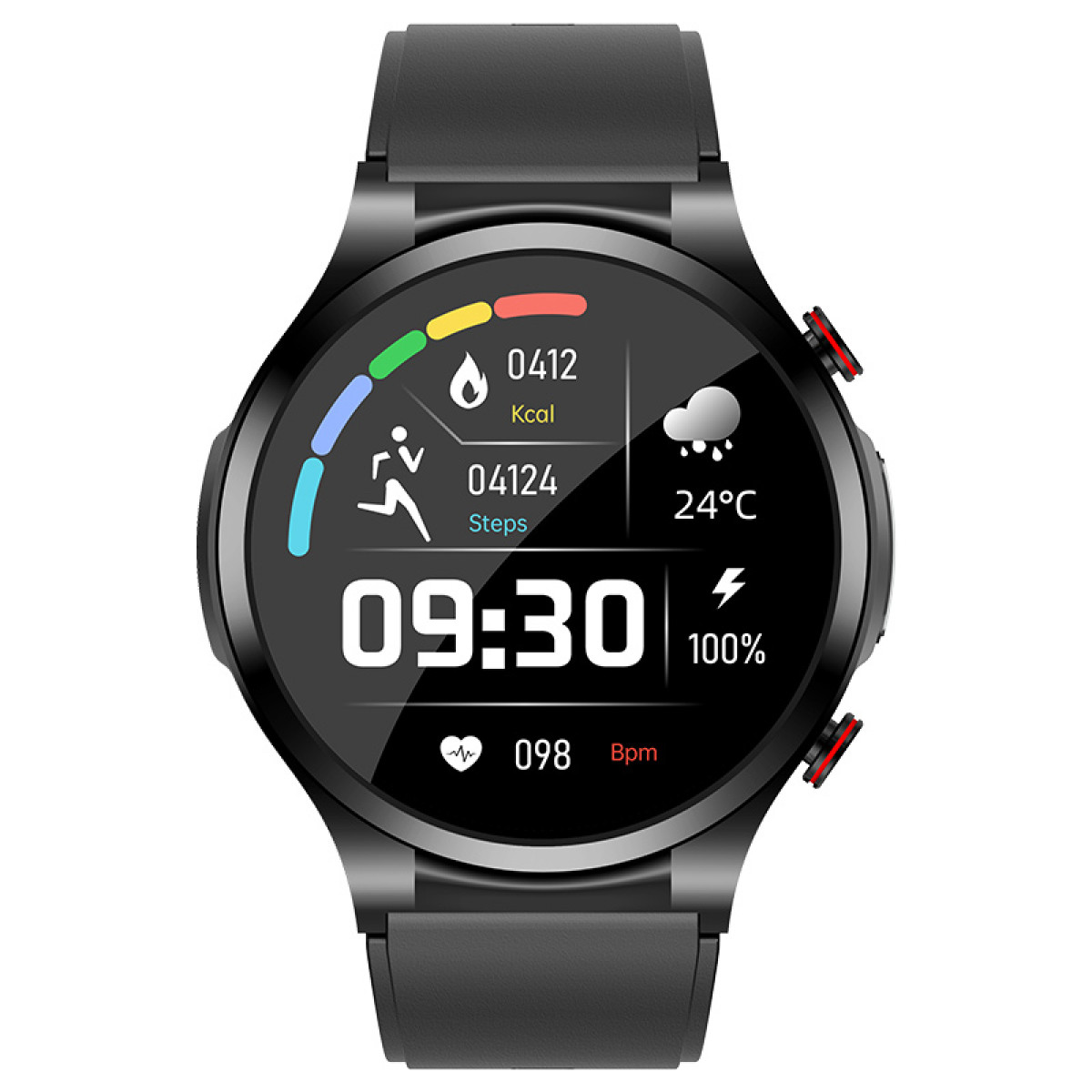 Smartwatch nero con display che mostra ora, frequenza cardiaca, passi, temperatura e batteria.