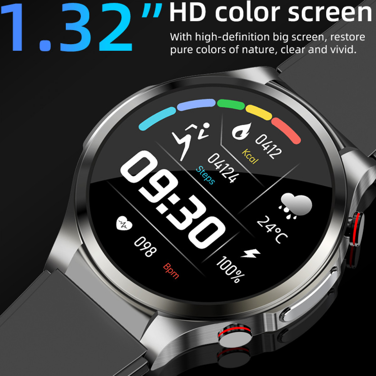Uno smartwatch che mostra ora, passi, frequenza cardiaca, temperatura e percentuale batteria.