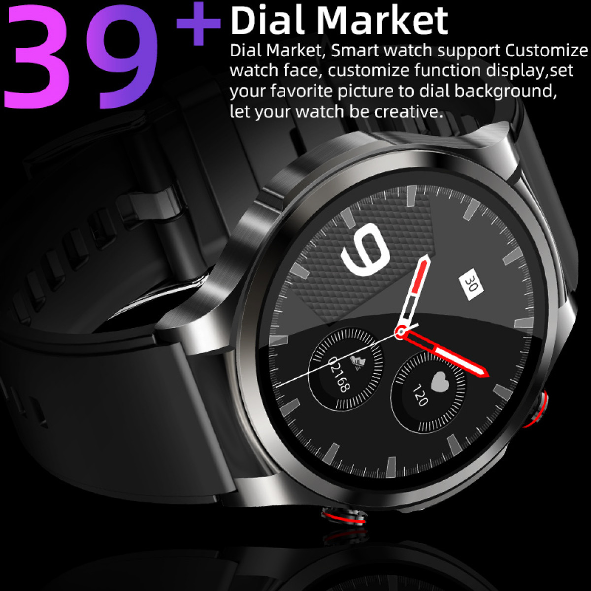 Uno smartwatch con cinturino nero che mostra l'ora e un cardiofrequenzimetro rosso.
