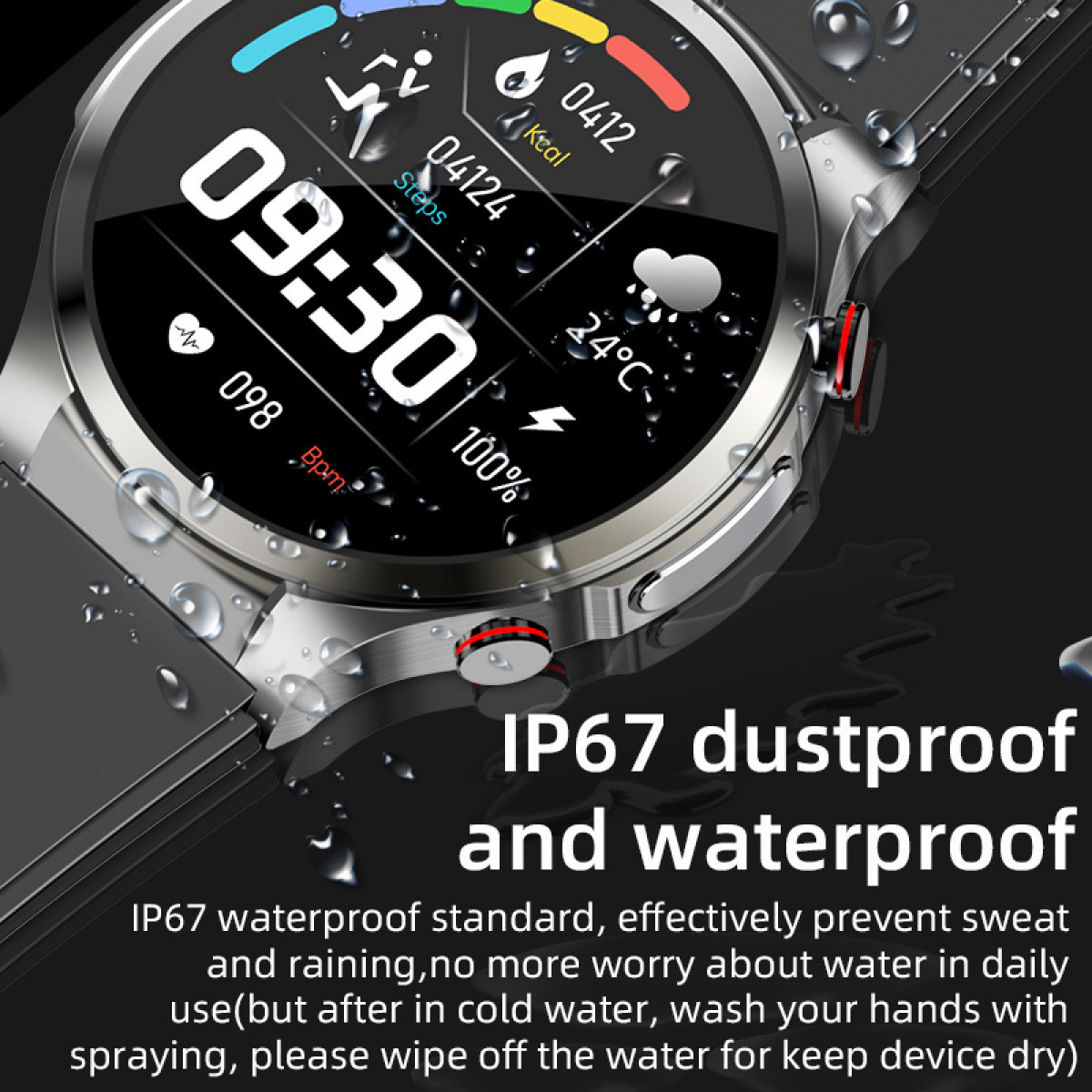 Smartwatch che mostra ora e metriche di salute, IP67 impermeabile, con effetti gocce d'acqua.