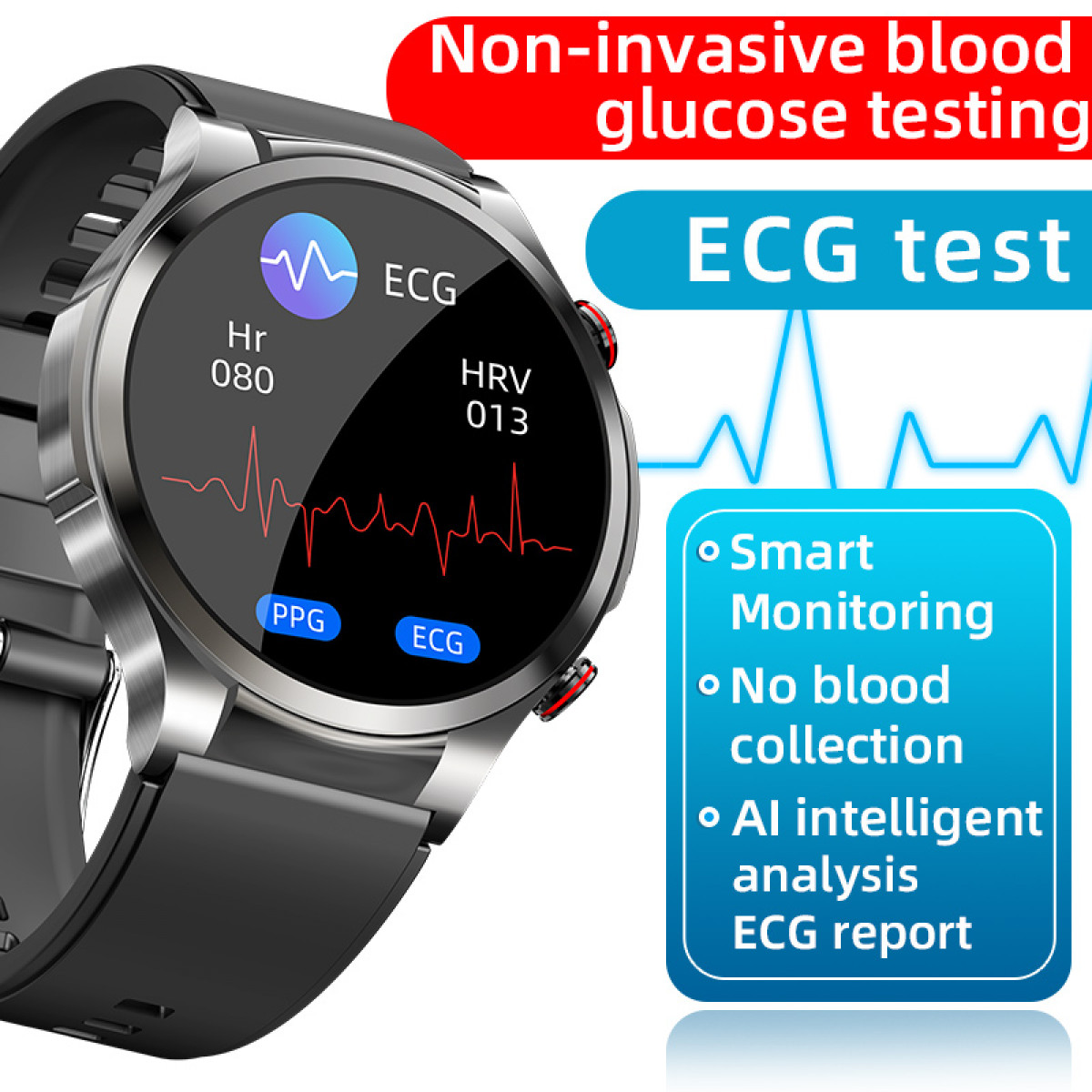 Eine schwarze Smartwatch mit EKG-Funktion und blauem Panel mit Gesundheitsmetriken.