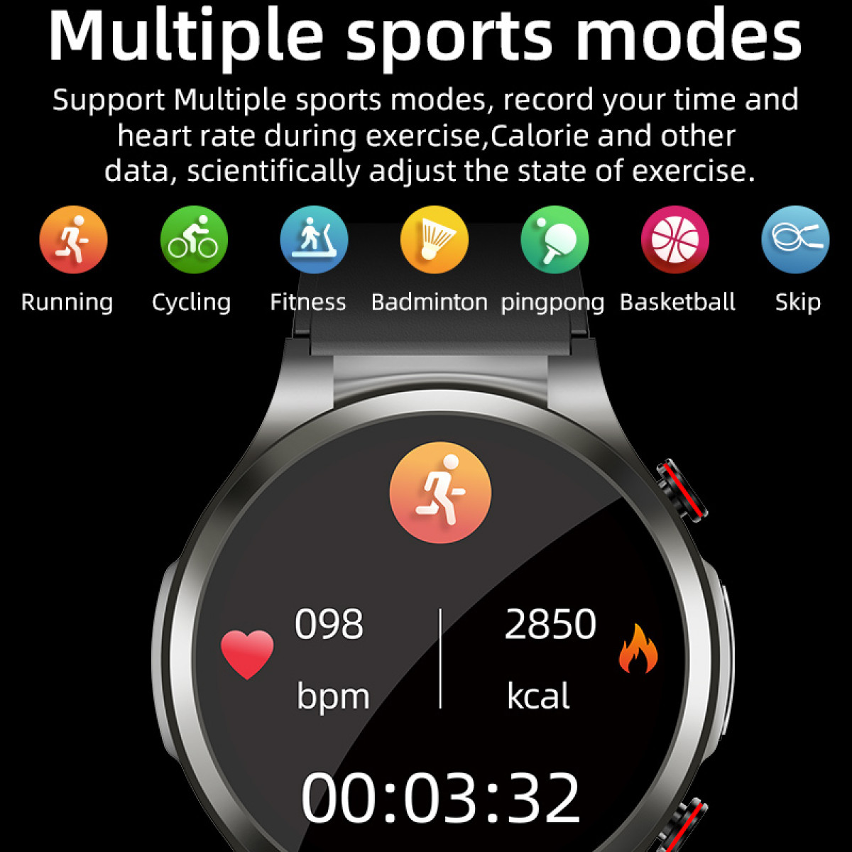 Smartwatch che mostra modalità sportive e dati sanitari: frequenza cardiaca, calorie e tempo.