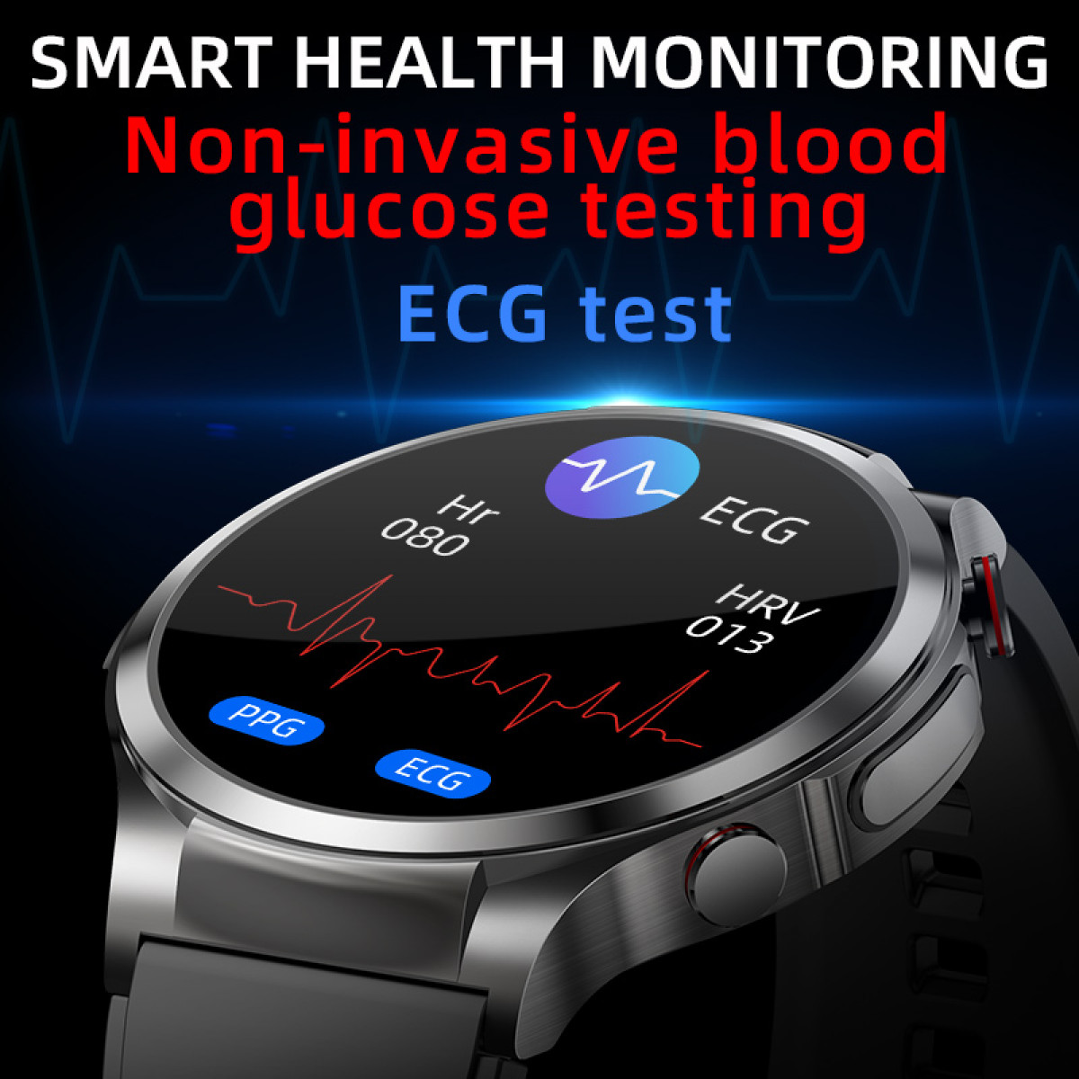 Smartwatch che mostra i dati sanitari con grafico ECG e PPG. Cinturino argentato, quadrante nero.