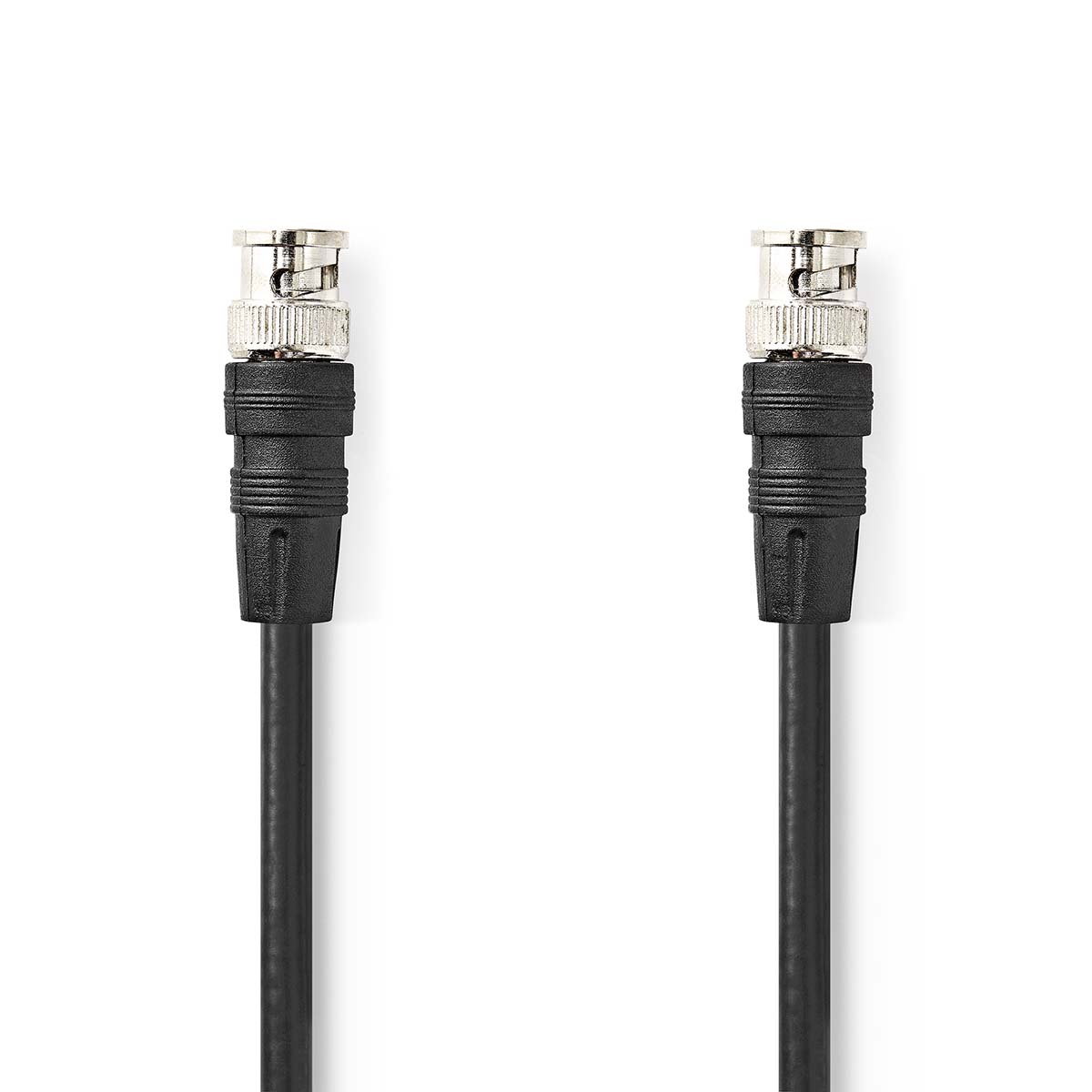 Zwei schwarze BNC-Kabel mit schwarzen Steckern auf weißem Hintergrund.