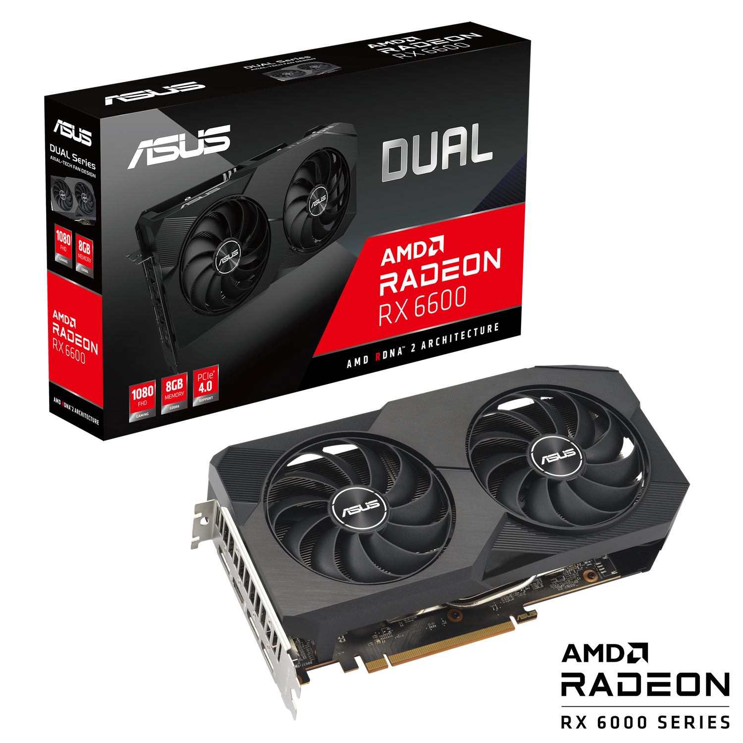 Scheda grafica con due ventole e una scatola. La scatola ha il testo: 'ASUS DUAL SERIES AMD Radeon RX 6600'.