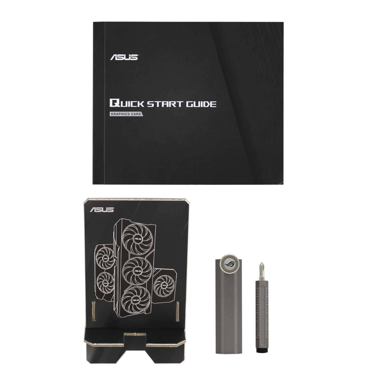 Scatola e accessori della scheda grafica ASUS su sfondo nero.