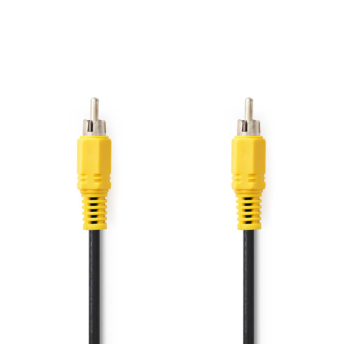 Deux connecteurs RCA jaunes avec câbles noirs sur fond blanc. Gros plan sur les connecteurs.