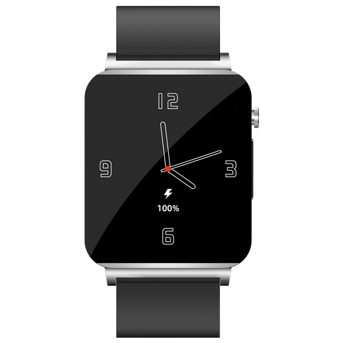 Smartwatch with black strap, showing time and battery.