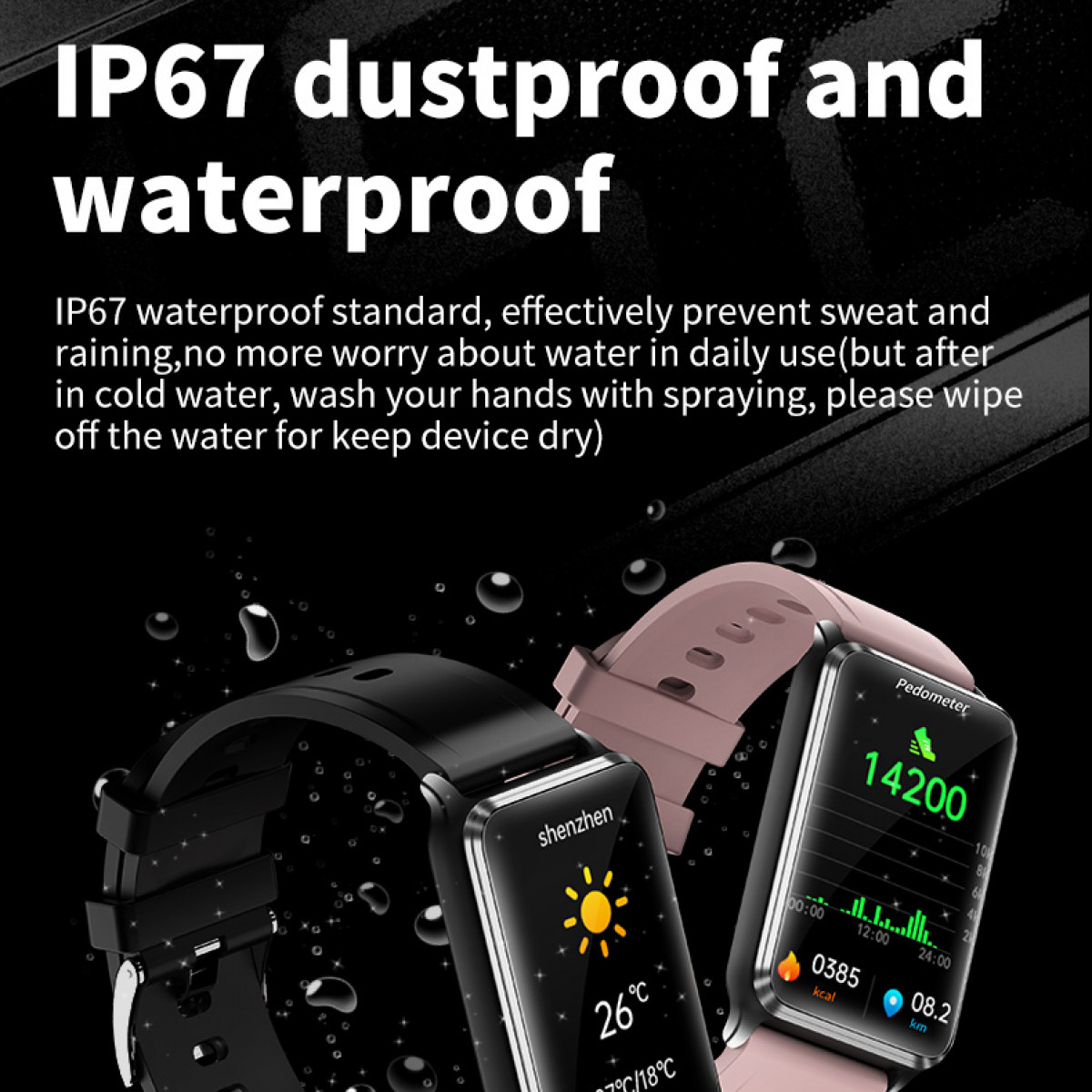 Dwa smartwatche pokazujące czas, kalorie i dystans. Tekst: IP67 pyłoszczelny i wodoodporny.
