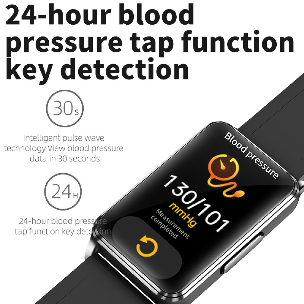 Smartwatch displaying blood pressure data. Text: 130/101 mmHg.