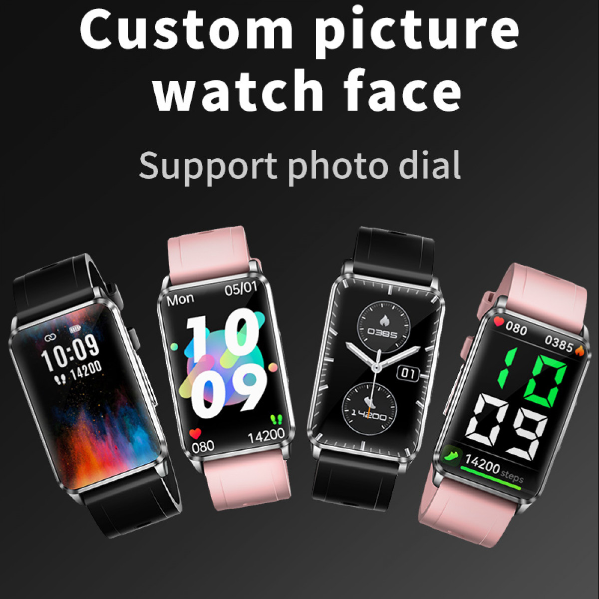 Cztery smartwatche z różnymi wyświetlaczami. Tekst mówi 'Custom picture watch face'.