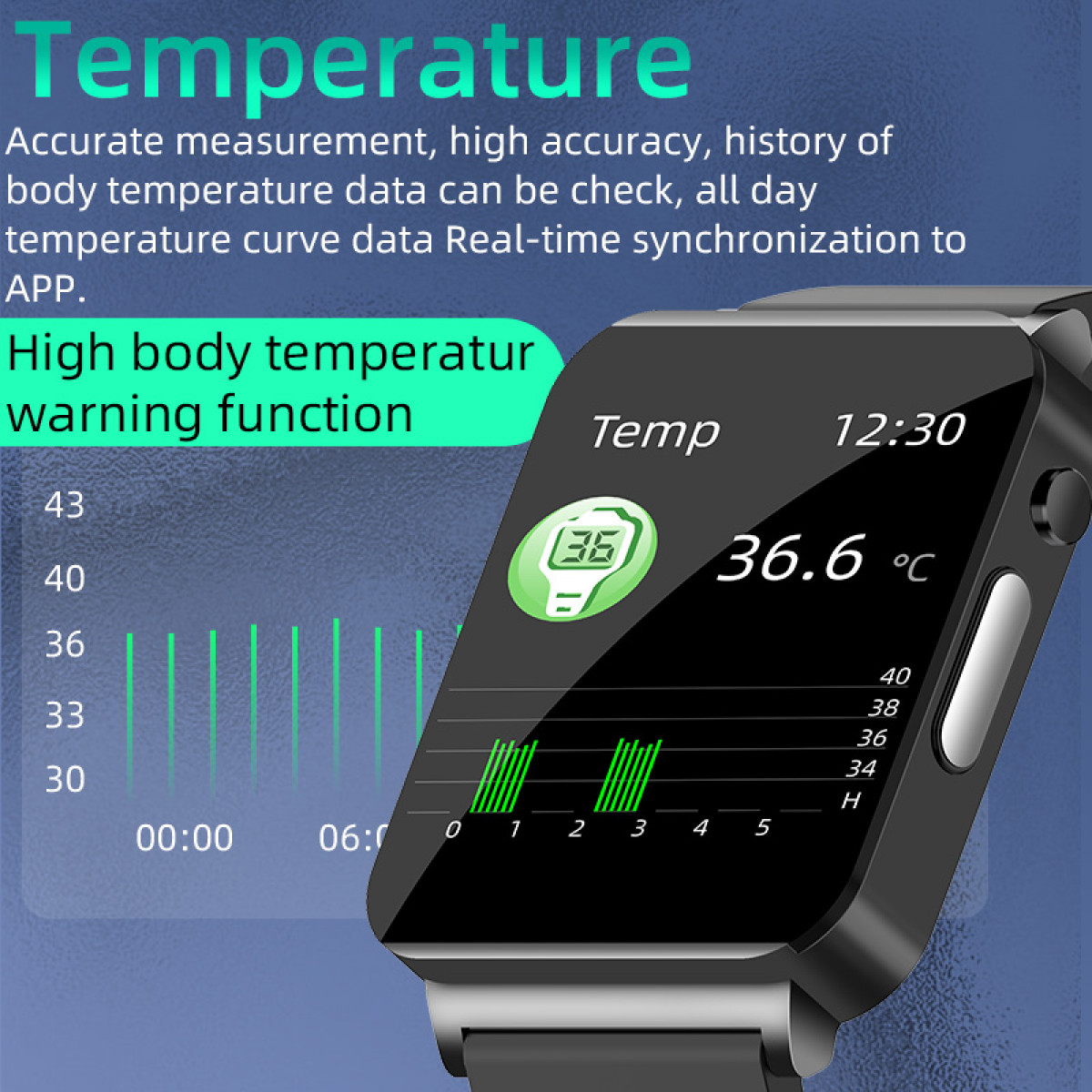 Smartwatch displays temperature 36.6°C. Green graph shows temperature fluctuations. Black watch with a black strap.